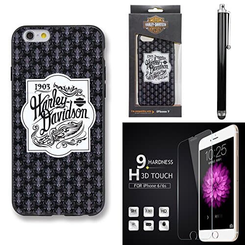 Harley Davidson Black and White Cover for iPhone 7 with Tempered Glass Screen Guard and stylus pen.