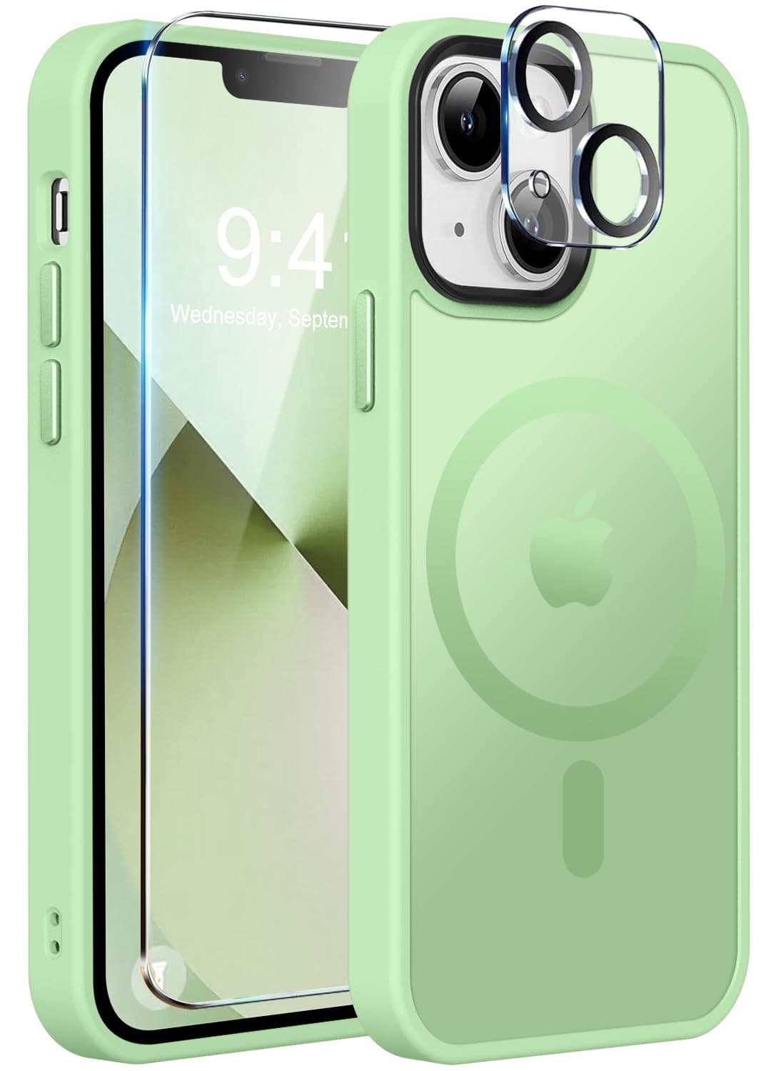 MOCCA Strong Magnetic for iPhone 13 Case, [Compatible with Magsafe][Screen Protector+Camera Lens Protector] Translucent Matte Back Slim Shockproof Case for iPhone 13 Phone Case 6.1", Light Green
