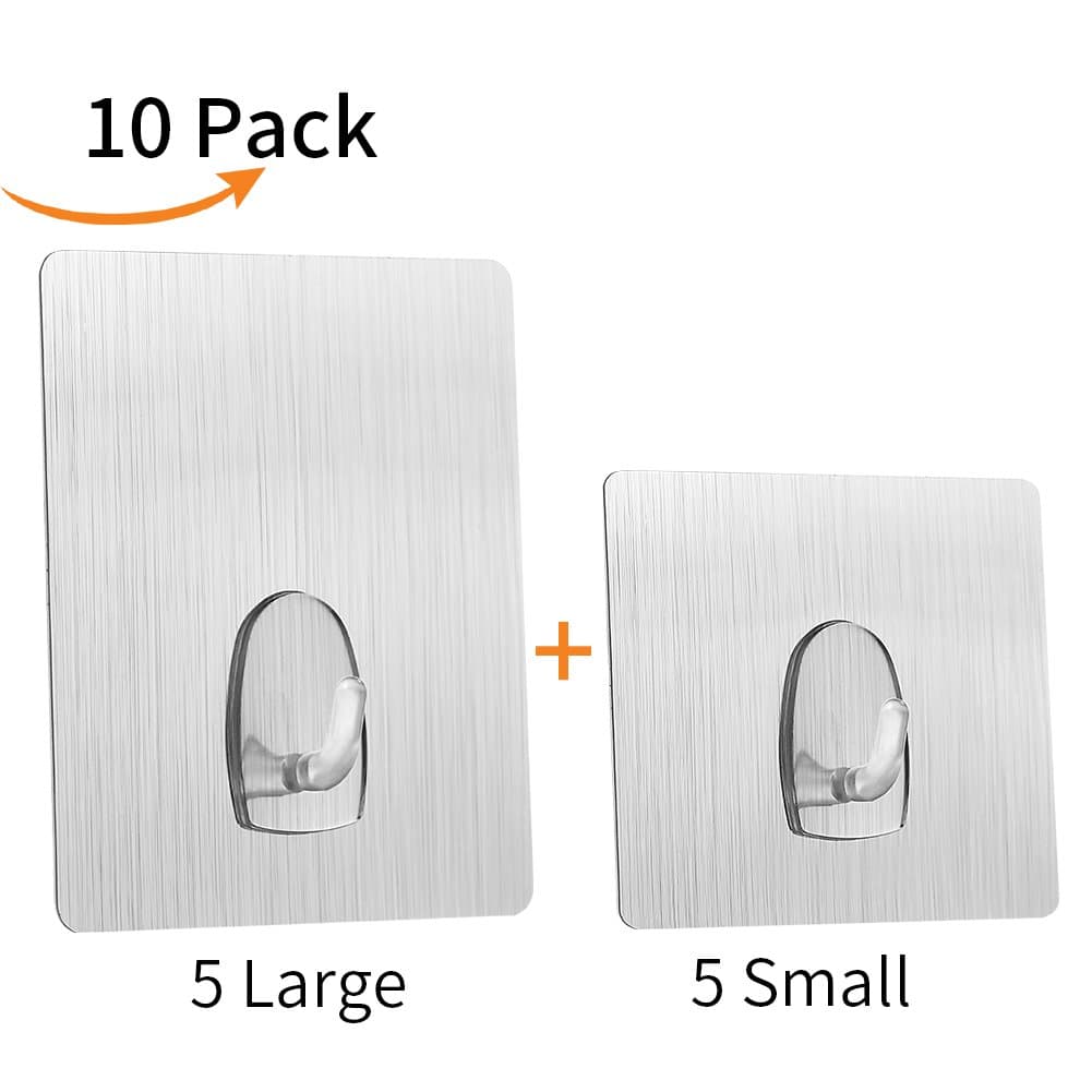 DDhome Nail and Glue Free Wall Mount Magic Hook Reusable Smooth Hook Heavy Duty Wall Hook Support up to 4.4-8.8lbs/2-4kgs, 10 Pieces Silver