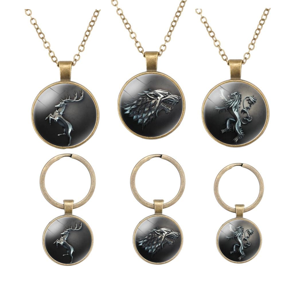 XCFS3pcs/Set The Game Thrones Merchandise Round Charm Bronze Colored Necklace and Keychains Stainless steel House Stark/Lannisters/ Baratheon Collection Pendants Charms Keychain Mens Women Pendant