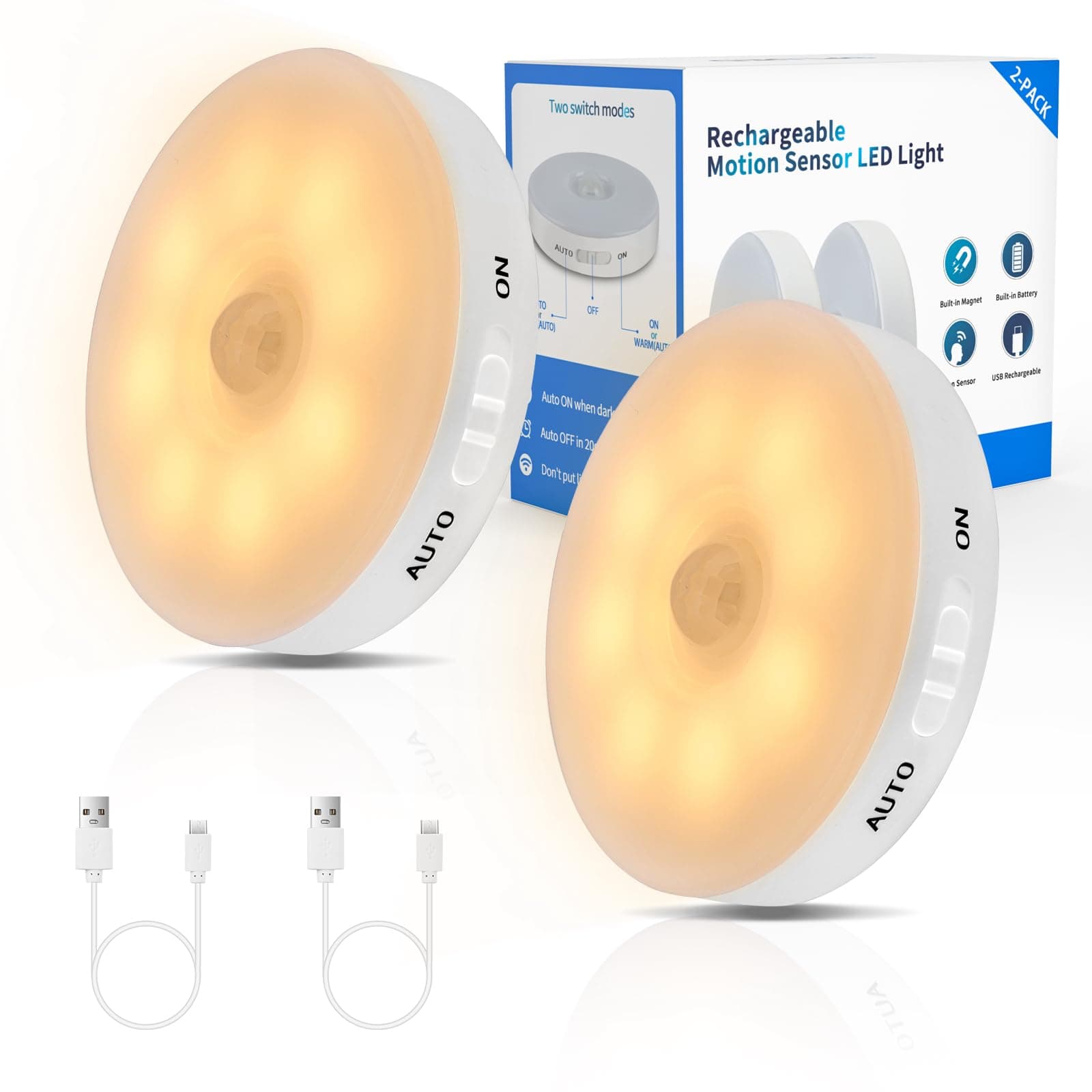 Improved LED Rechargeable Motion Sensor Light Indoor, Bright & Long-Lasting Battery, Stick-On Motion Sensor Puck Night Lights for Closet, Cabinet, Kitchen, Hallway, Stairs - Warm 2Pack