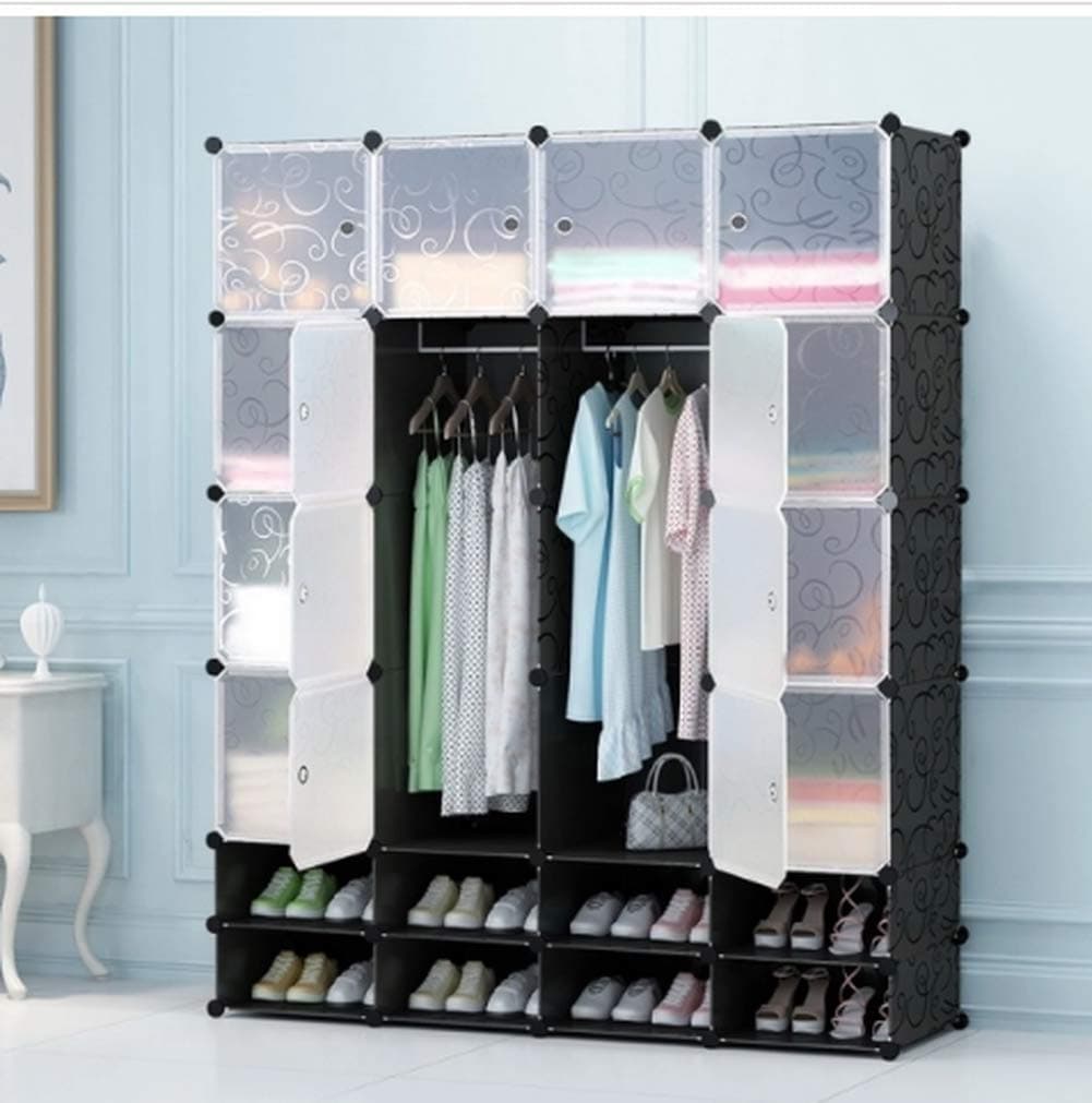 16 Cubes DIY Wardrobe Garment Storage Cube and 2 Shoe Layer Black and Transparent
