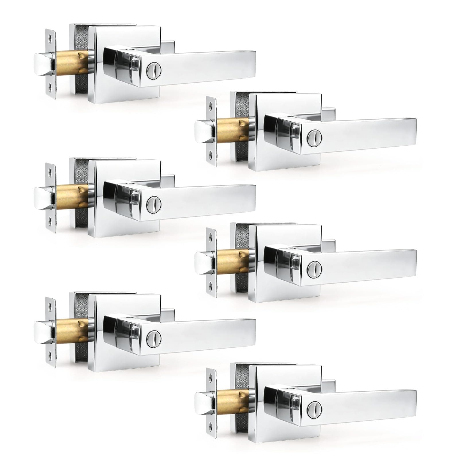 6Pack Privacy Levers in Polished Chrome/Square Bed Bath Door Handles/Interior Door Locksets
