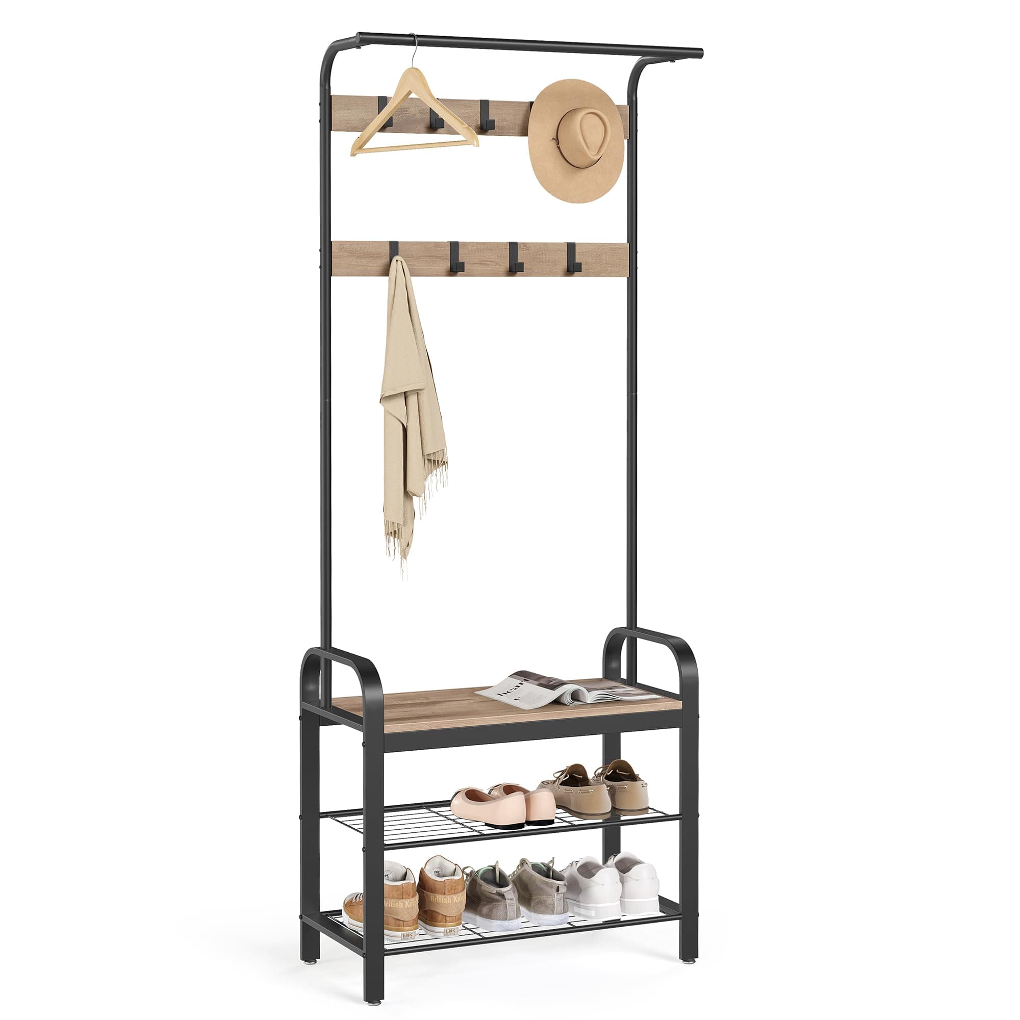 VASAGLE Coat Rack, Coat Stand with Shoe Storage Bench, 4-in-1 Design, with 9 Removable Hooks, a Clothes Rail, for Hallway, Entrance, 34 x 72 x 183 cm, Industrial, Camel Brown and Ink Black HSR040K02