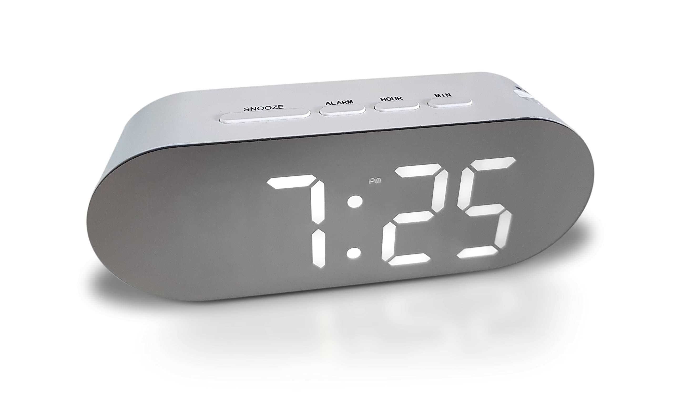 Digital Alarm Clock - Mains Powered, Big Digit Mirror Display, No Frills Simple Operation Alarm Clocks, Bedside Alarm, Snooze, Non Ticking, Full Range Brightness Dimmer, Two USB Charging Ports (White)