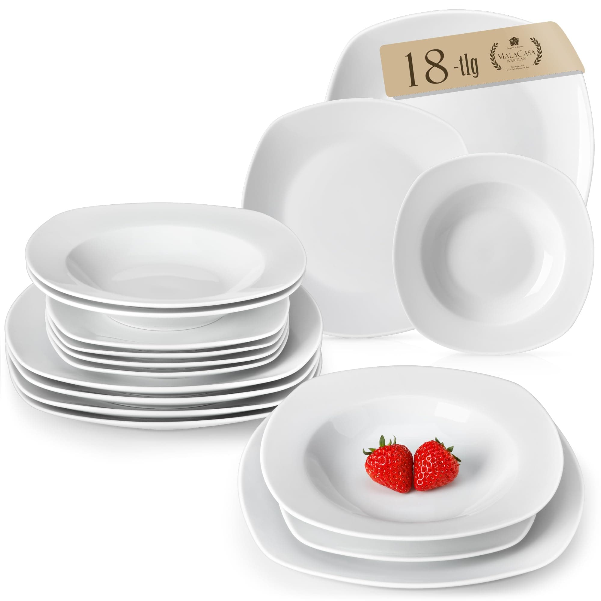 MALACASA Dinner Sets for 6 People, 18-Piece Ivory White Porcelain Plates and Bowls Set Dinnerware Set with 6-Piece Dinner Plate/Soup Plate/Dessert Plate, Series Elisa