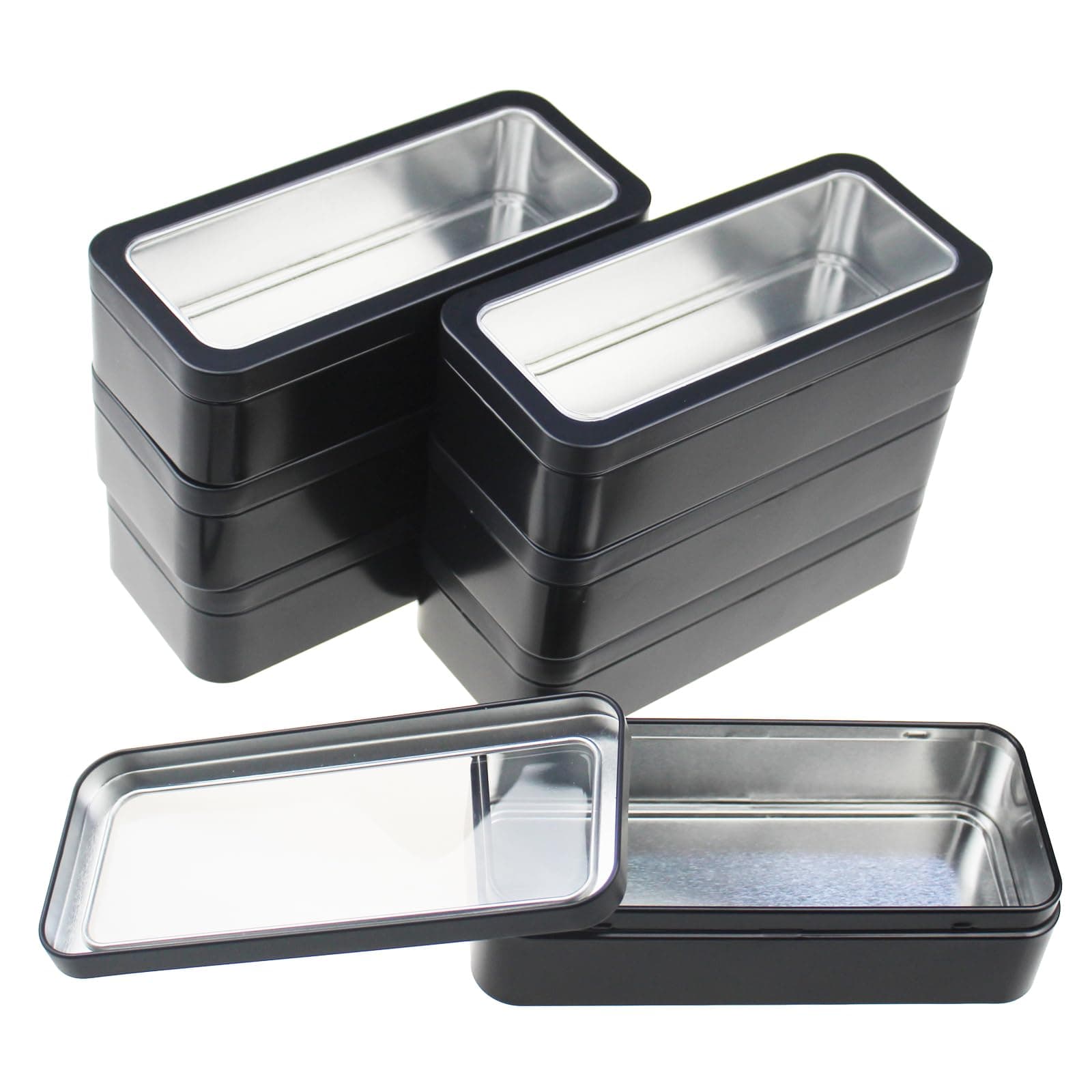 Goodma 7Pcs Rectangle Metal Tins Containers with Lids Mini Storage Canister Jars Set for Home Kitchen, Office and School Supplies, 5.9" x 2.75" x 1.57" (Black)