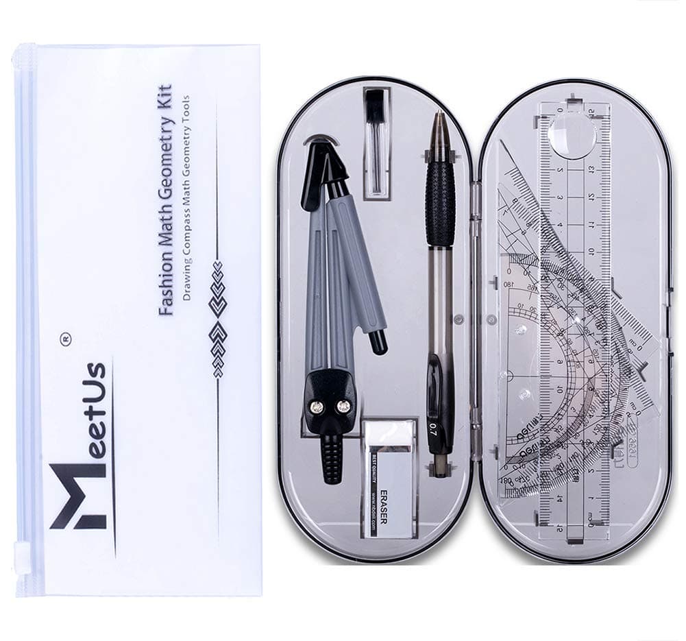 Math Geometry Kit Set 8 Pieces Student Supplies with Shatterproof Storage Box,Includes Rulers,Protractor,Compass,Pencil Lead Refills,Pencil,Eraser..for Students and Engineering Drawings