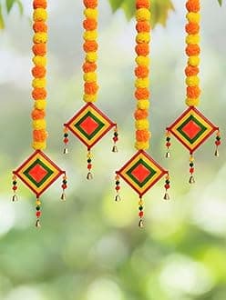 JH Gallery Handmade Artificial Marigold Fluffy Flowers Colorful Woolen Kite Hangings (39 Inches Height Approx.) (Pack of 4)