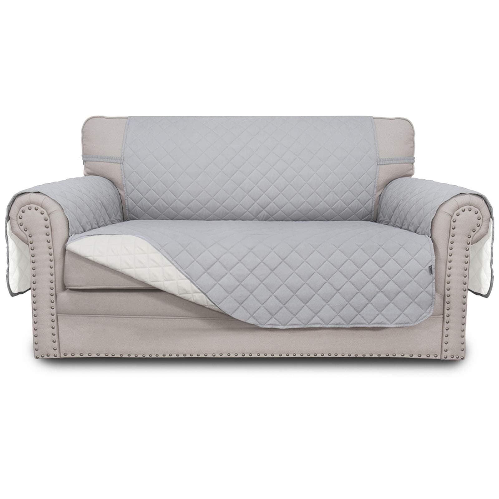 Easy-Going Reversible Loveseat Couch Cover for 2 Cushion Couch Sofa Cover for Dogs Water Resistant Furniture Protector with Foam Sticks Elastic Straps for Pet (Loveseat, Light Gray/Ivory)