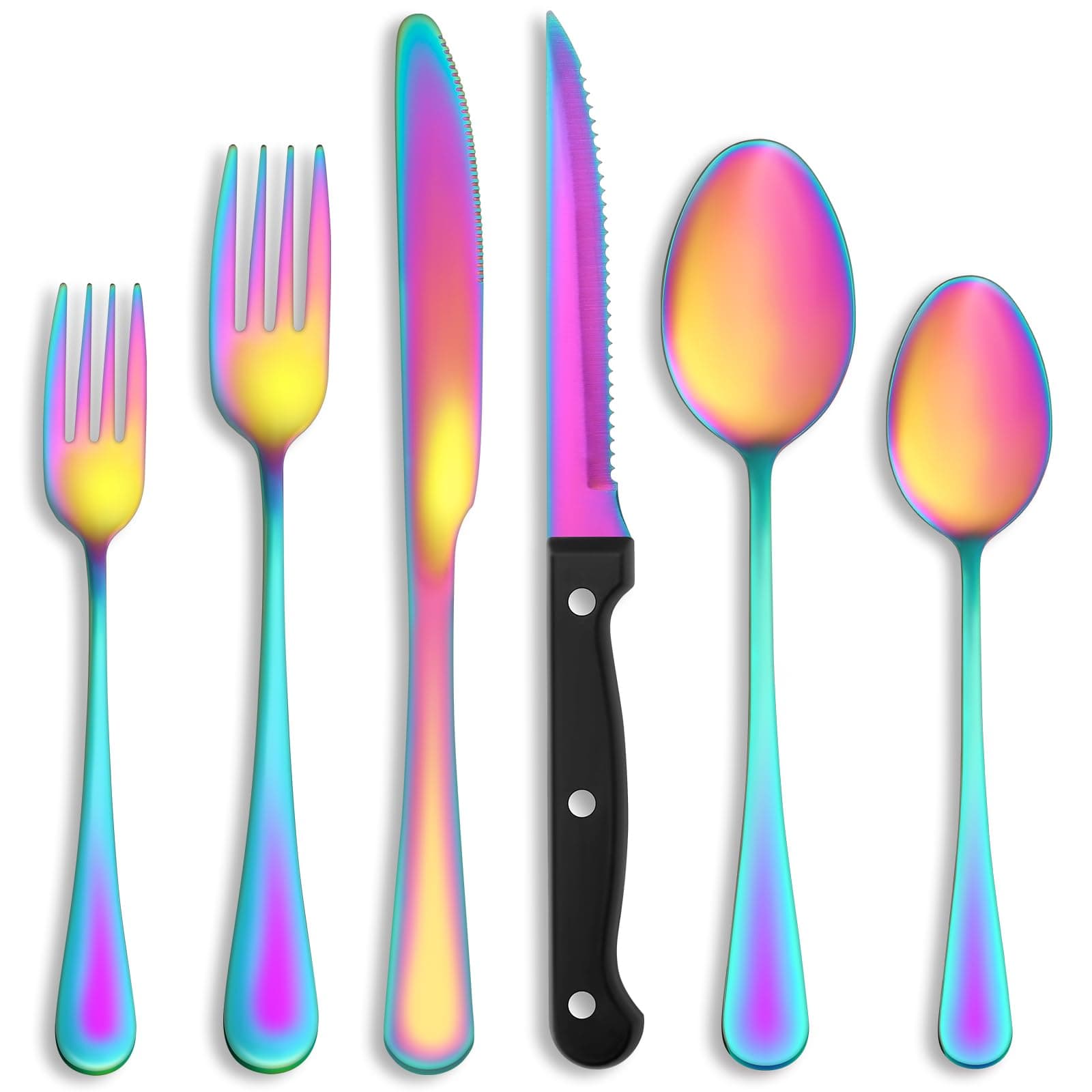48 Pcs Rainbow Silverware Set with Steak Knives Service for 8,Stainless Steel Flatware Set,Mirror Polished Cutlery Utensil Set, Kitchen Eating Tableware,Include Fork Knife Spoon Set,Dishwasher Safe