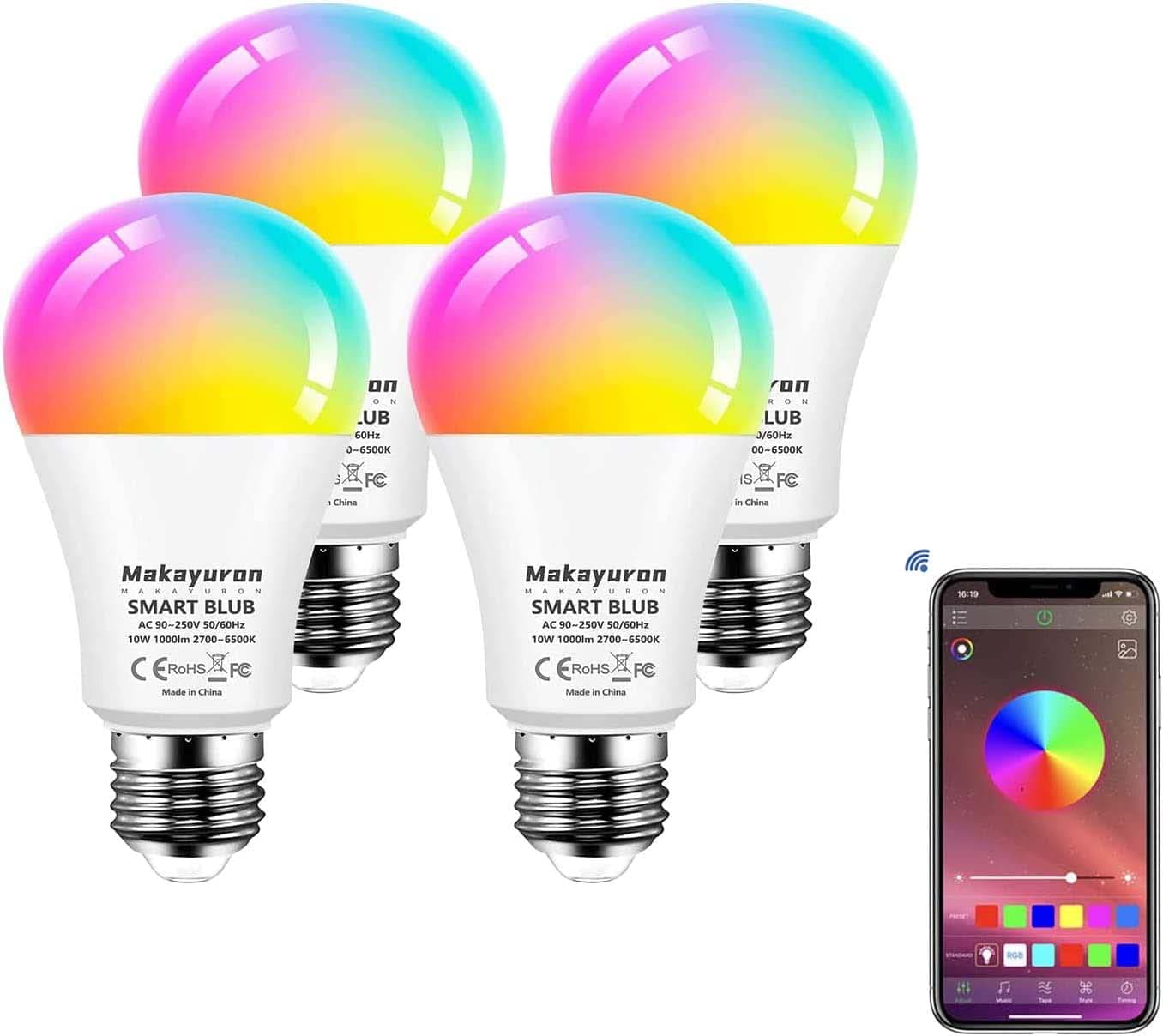 Smart Light Bulbs, Wi-Fi Led Bulbs Compatible with Alexa & Google Home Assistant, A21 E27 10W 1000LM Multicolor Led Light Bulb, Music Sync and 8 Scene Mode, No Hub Required, 4 Pack (Wi-Fi)