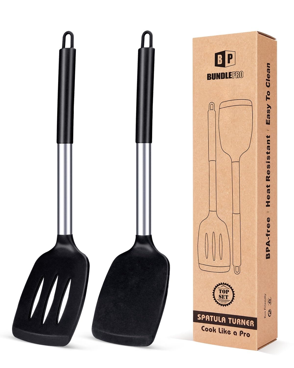 Pack of 2 Silicone Solid Turner, Non Stick Slotted Kitchen Spatulas, High Hea...