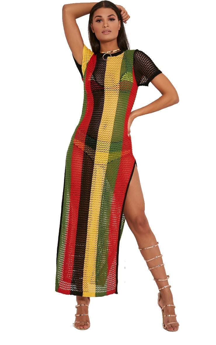 100% Cotton Ladies Rasta Jamaican Work Work String Mesh Fishnet Dress Slit See Through Multicoloured Black Red Green Yellow Hip Hop Dance Club Dress