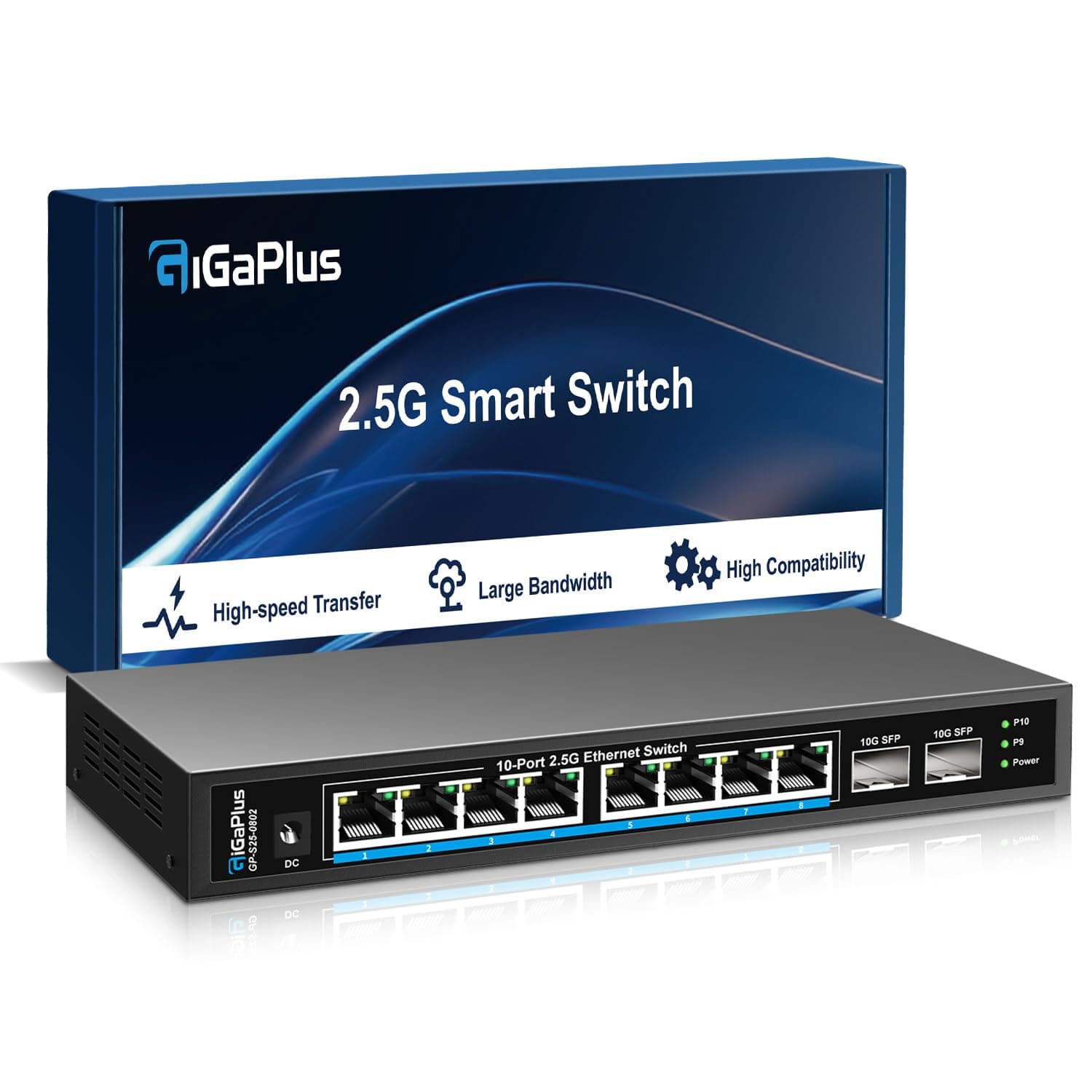 GiGaPlus 10-Port 2.5Gbps Unmanaged Ethernet Switch with 8*2.5G Base-T Ports, 2*10Gb SFP+ Ports for 2.5Gbe NAS/PC, WiFi6 Router Wireless AP. Plug and Play, Desktop/Wall Mounted, Fanless Metal Design