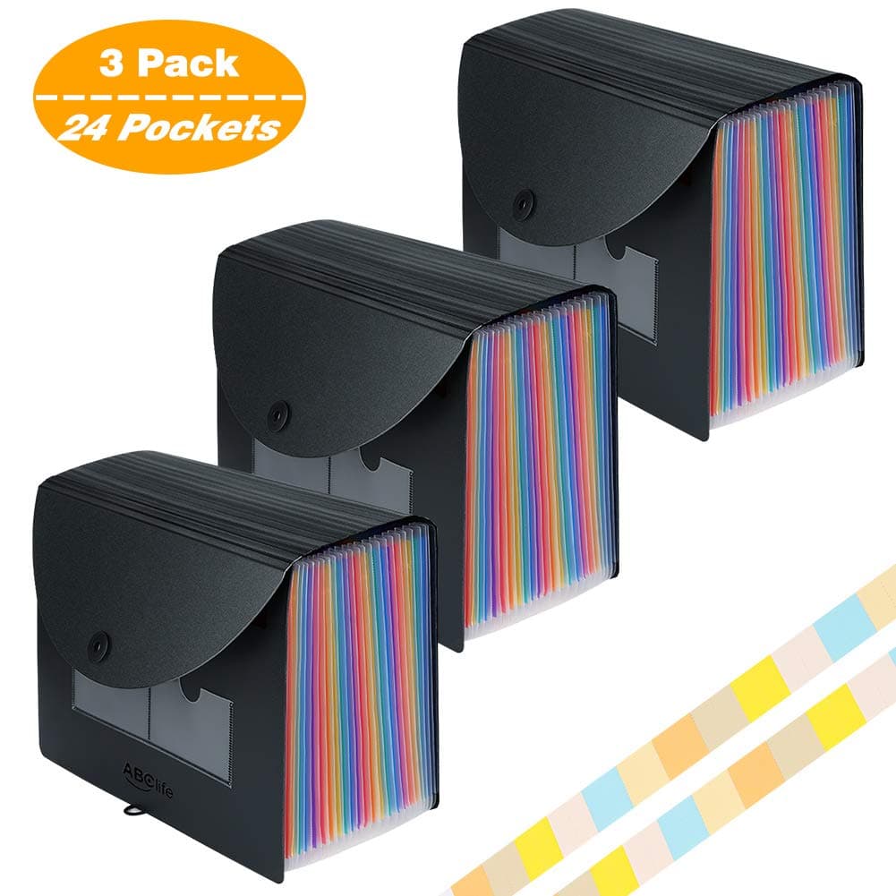 ABC Life Expanding File Folder 24 Pockets Box File/Document Organiser Folder Portable Rainbow A4 File Organiser Accordion Document Filing Boxes High Capacity Storage Bag for Home & Office （3 Pack）