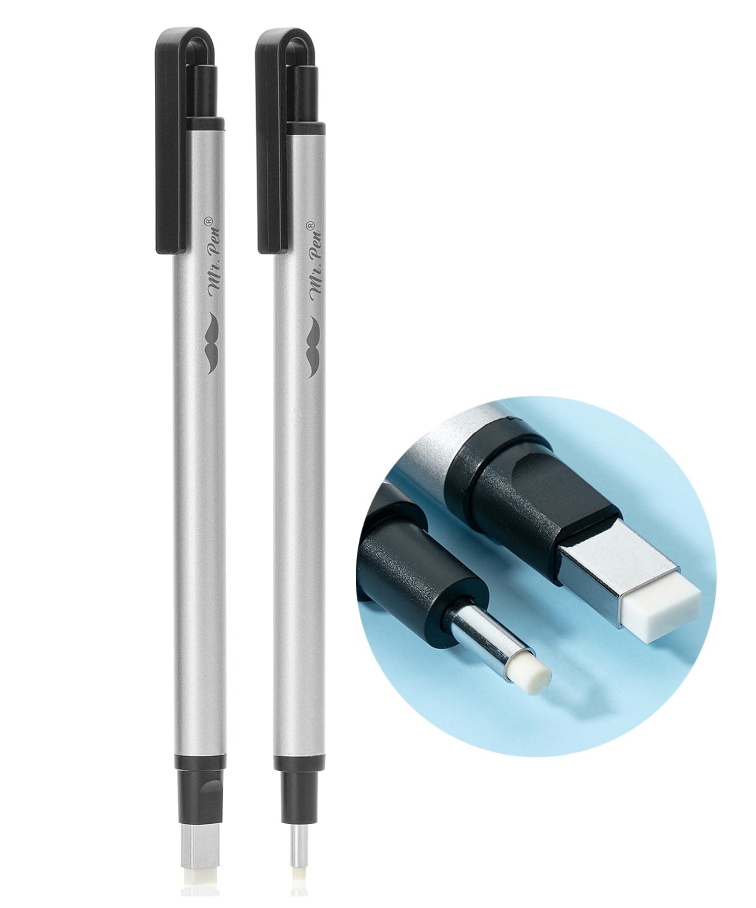 Pen Style Eraser, 2 Pack, Square & Round Tip, Eraser Pen Eraser, Pencil Erasers, Eraser Pencil