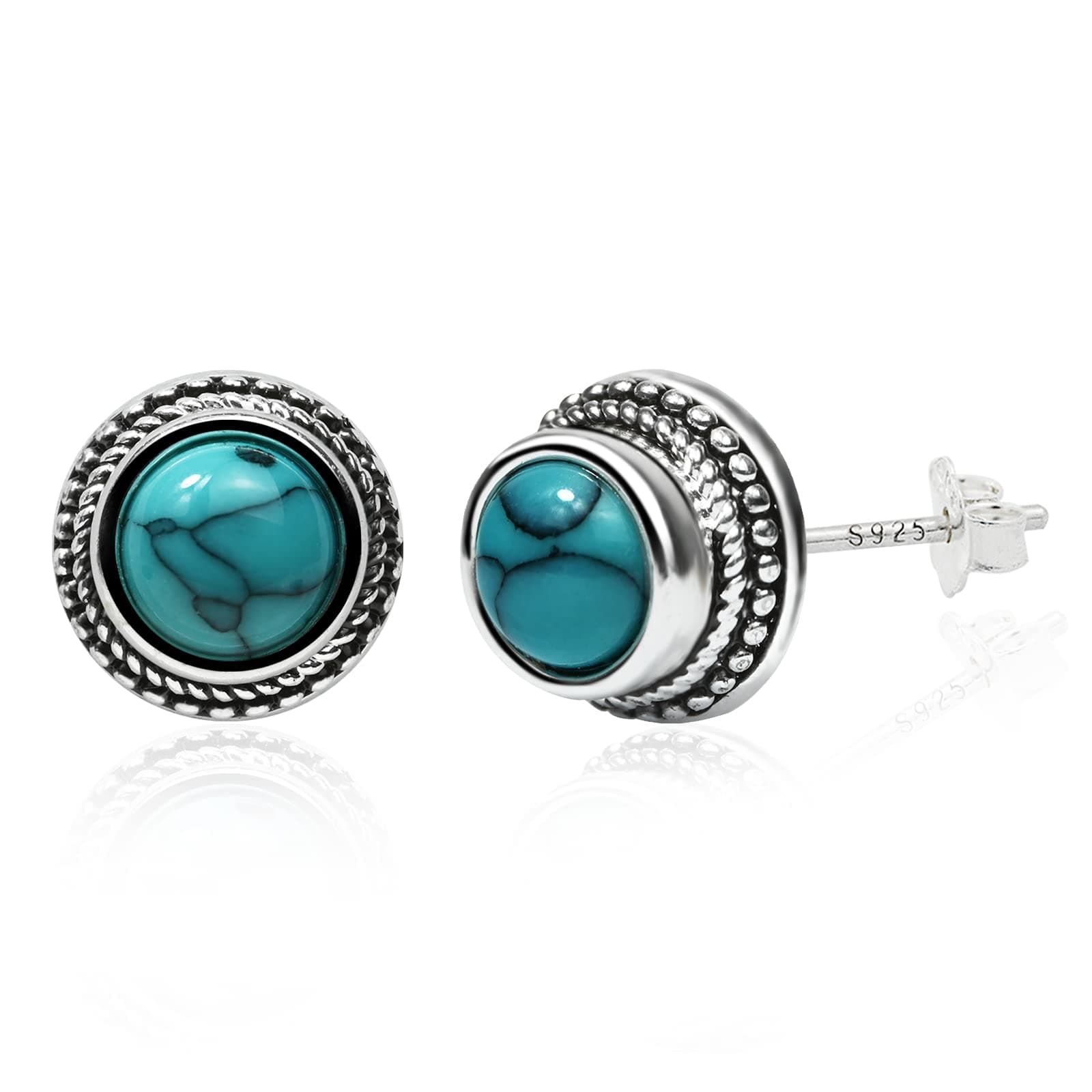 Tibetan Turquoise Earrings 925 Sterling Silver Post Stud Boho Gemstone Hypoallergenic Handmade Earrings for Women Trendy Fashion