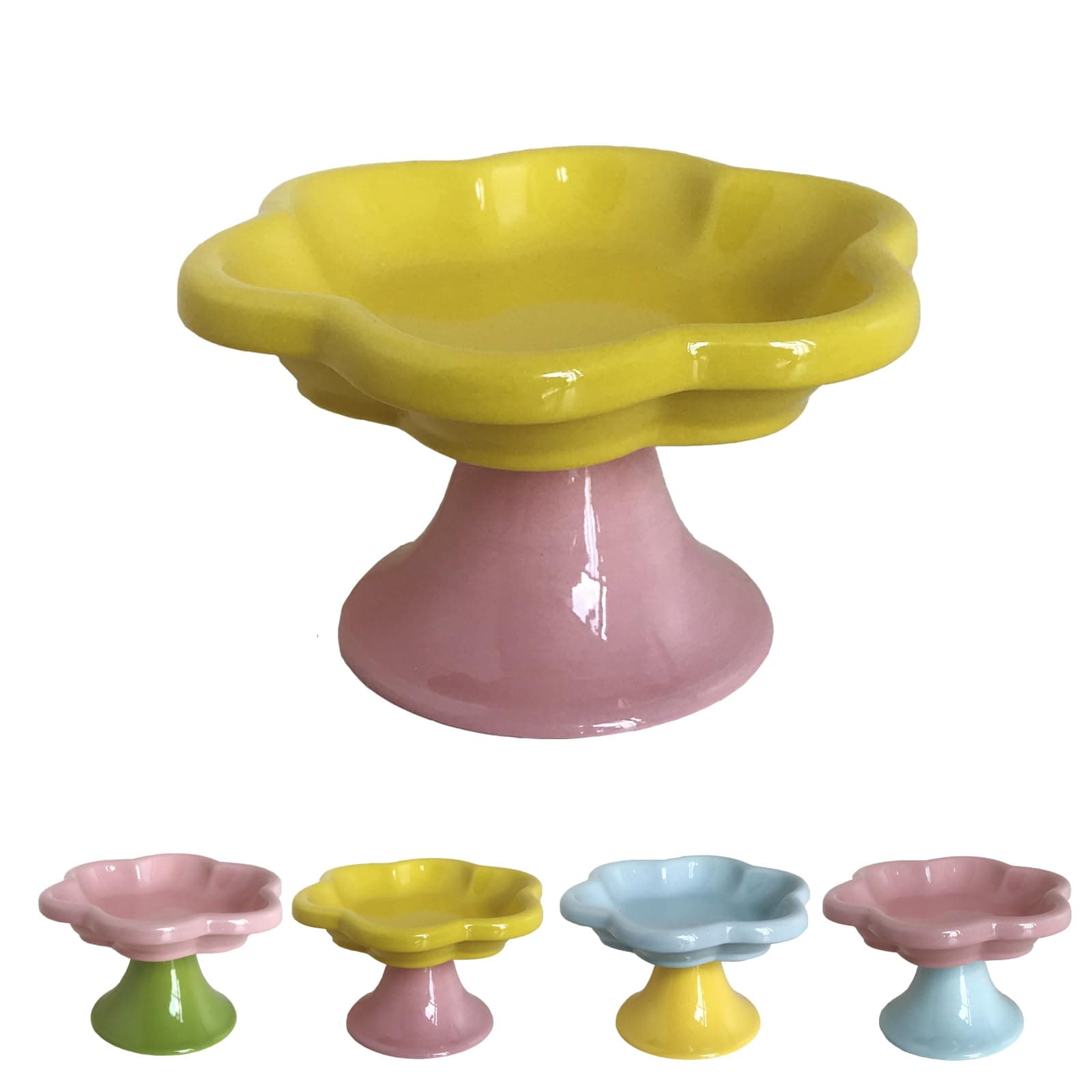 Ceramic Elevated Cat Bowls Flower Dish,Small Raised Dish.Flower Ceramic Raised Bowls for Cats and Small Dogs reducing pet’s Neck Bending and Pressure (Yellow Pink)