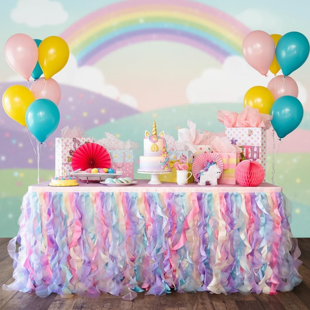 6FT Rainbow Tulle Tutu Table Skirt Double Layer Satin Willows with Glossy Organza, Birthday Party Decorations for Unicorn and Mermaid Parties, Baby Showers, Weddings | Rectangular and Round Tables