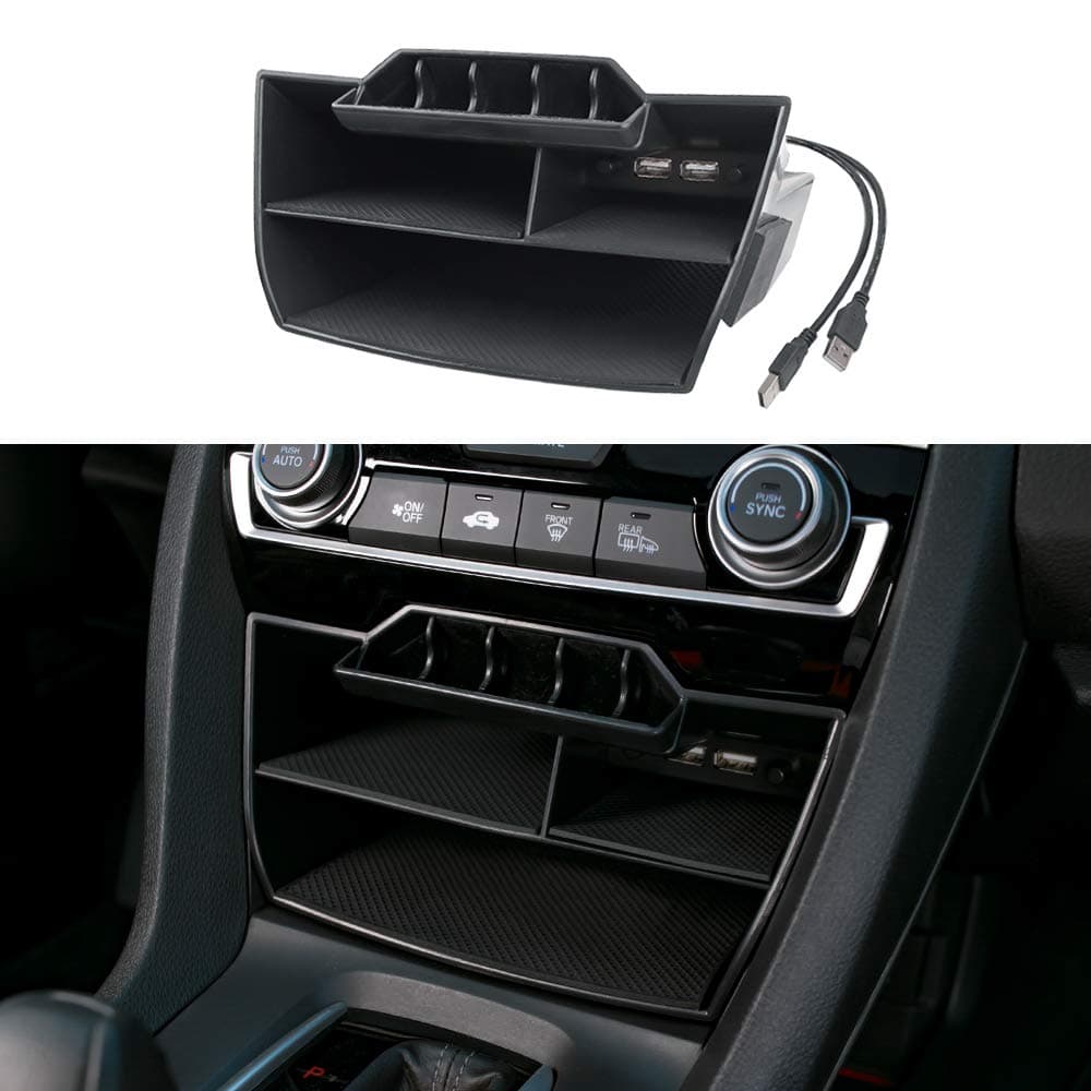 for 10th Gen Civic Central Console Storage Box Coins Trays Cards Organizer with USB Extension Cable Compatible with Honda Civic 2016 2017 2018 2019 2020 2021