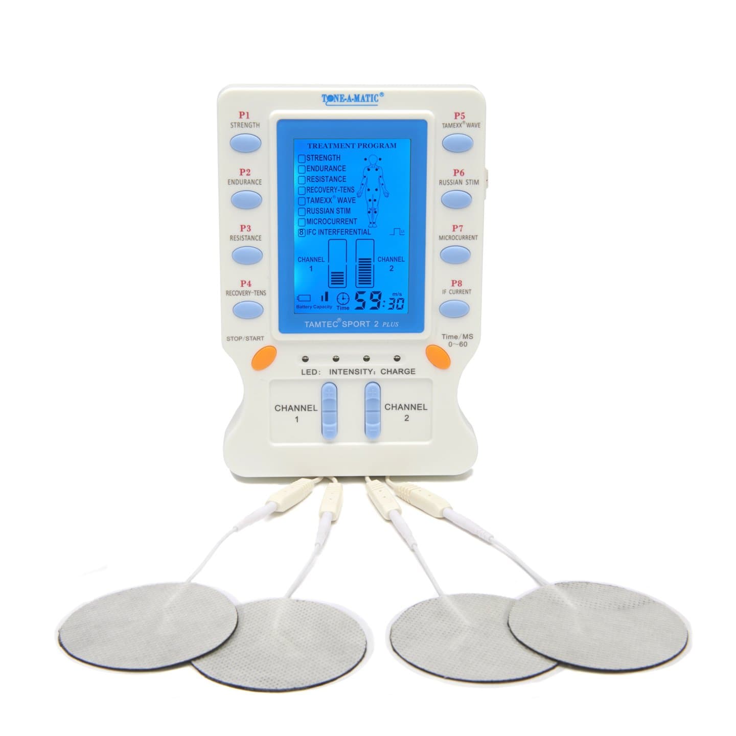 - Electric Muscle Stimulator EMS and TENS Unit - 8 Programs, 12 Adhesive Electrodes TAMTEC Sport 2 Plus with TENS, EMS, ARP