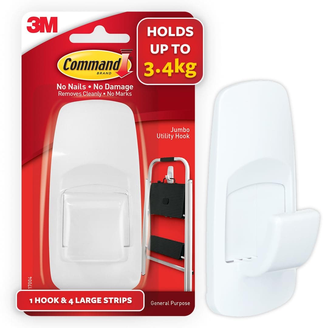 3M Command Jumbo Wall Hooks, Holds 3.4kg, No Paint Damage, Holds Strongly, Reusable, Heavy duty, Adhesive hooks for wall, Multi-surface (White, 1hook, 4 strips), Plastic