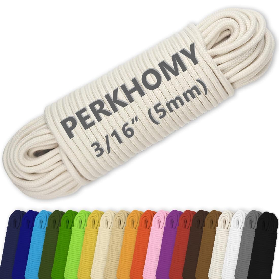 PerkHomy 100 ft 3/16" (5mm) Cotton Rope Multi Purpose Utility Diamond Braided Cord, Natural Cotton for Clothes Line Camping Crafting Flag Pole, Natural White