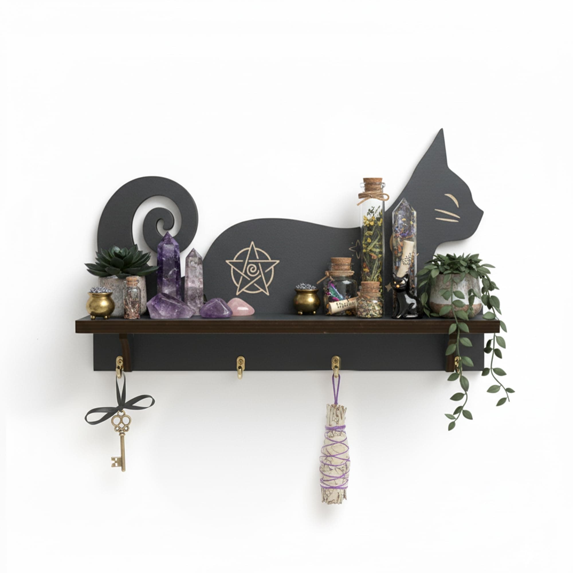 Cat Crystal Shelf Display for Wall, Witchy Home Decor, Floating Wall Shelves for Rock Gem Healing Stones, Crystal Holder Organizer, Gothic Trinket Knick Knack Shelf