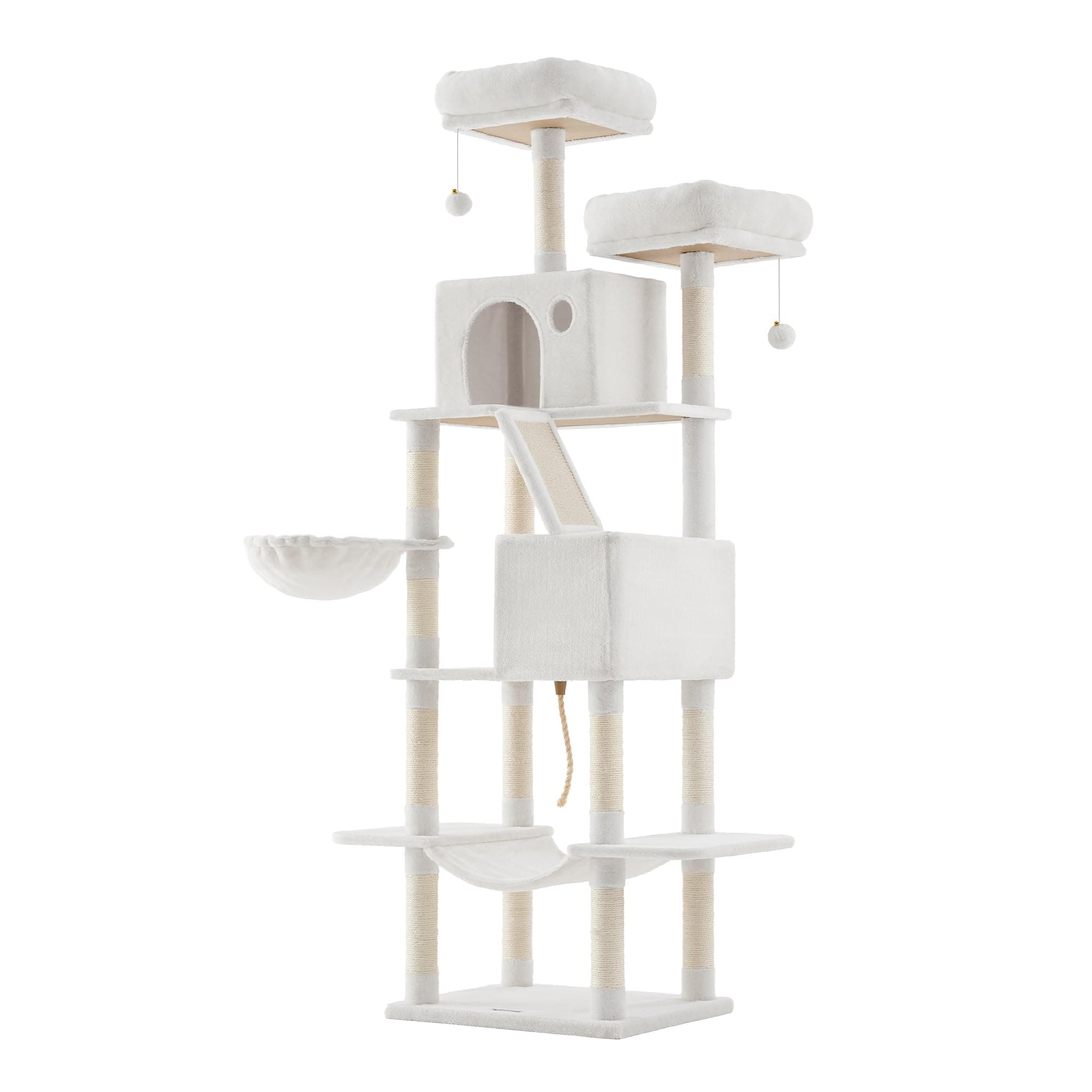 Cat Tree, 206 cm Large Cat Tower Condo with 13 Scratching Posts, 1 Scratching Ramp, 2 Perches, 2 Caves, Basket, Hammock, Pompoms, Cream White PCT190T01V1