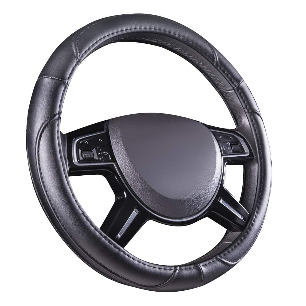 Amazon Basics Leatherette Steering Wheel Cover, 15″, Black