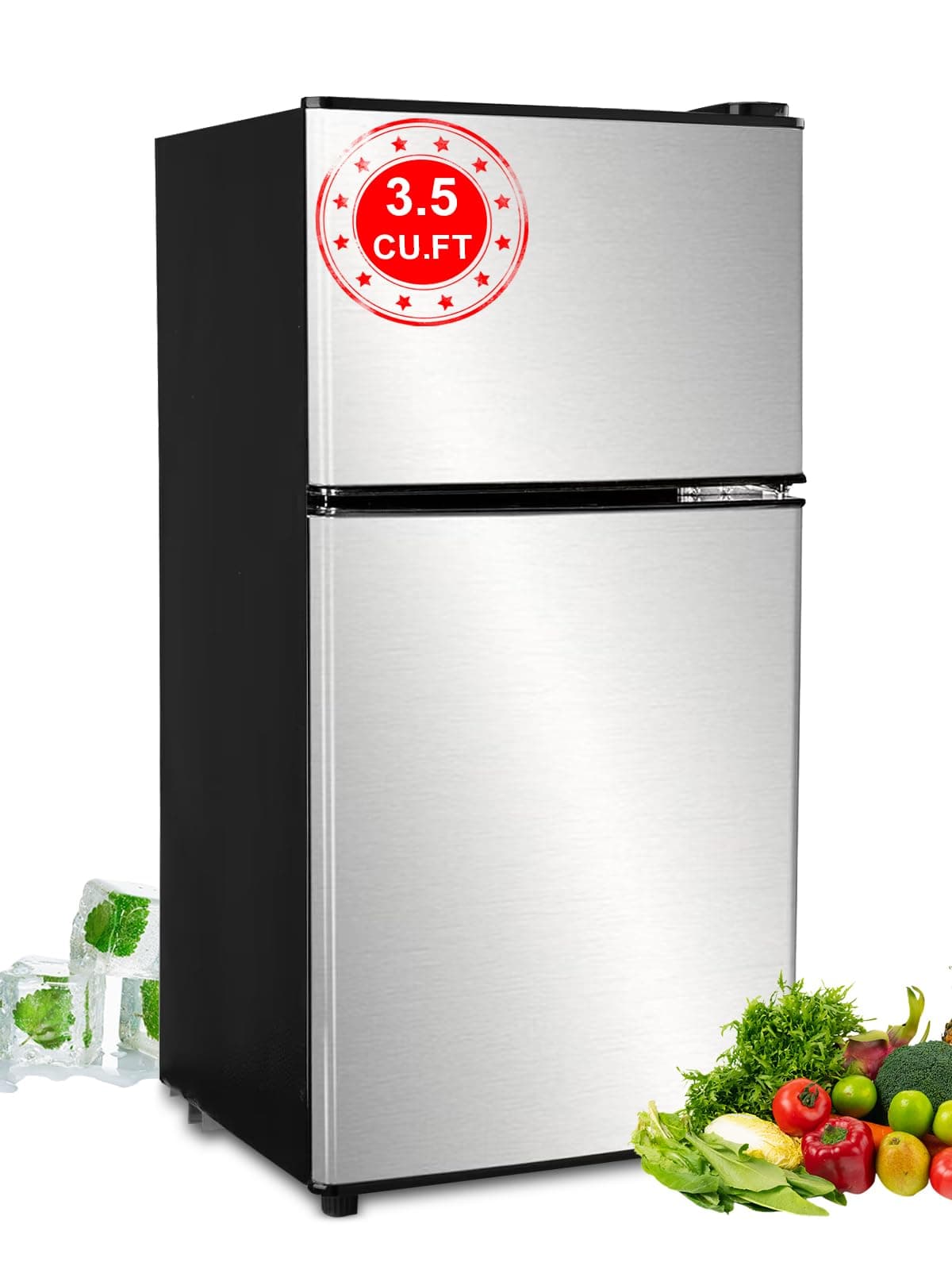 3.5 Cu.Ft Refrigerator 2 Door 7 Level Adjustable Thermostat Control Top-Freezer Refrigerator Lock Fresh Energy Saving Silver