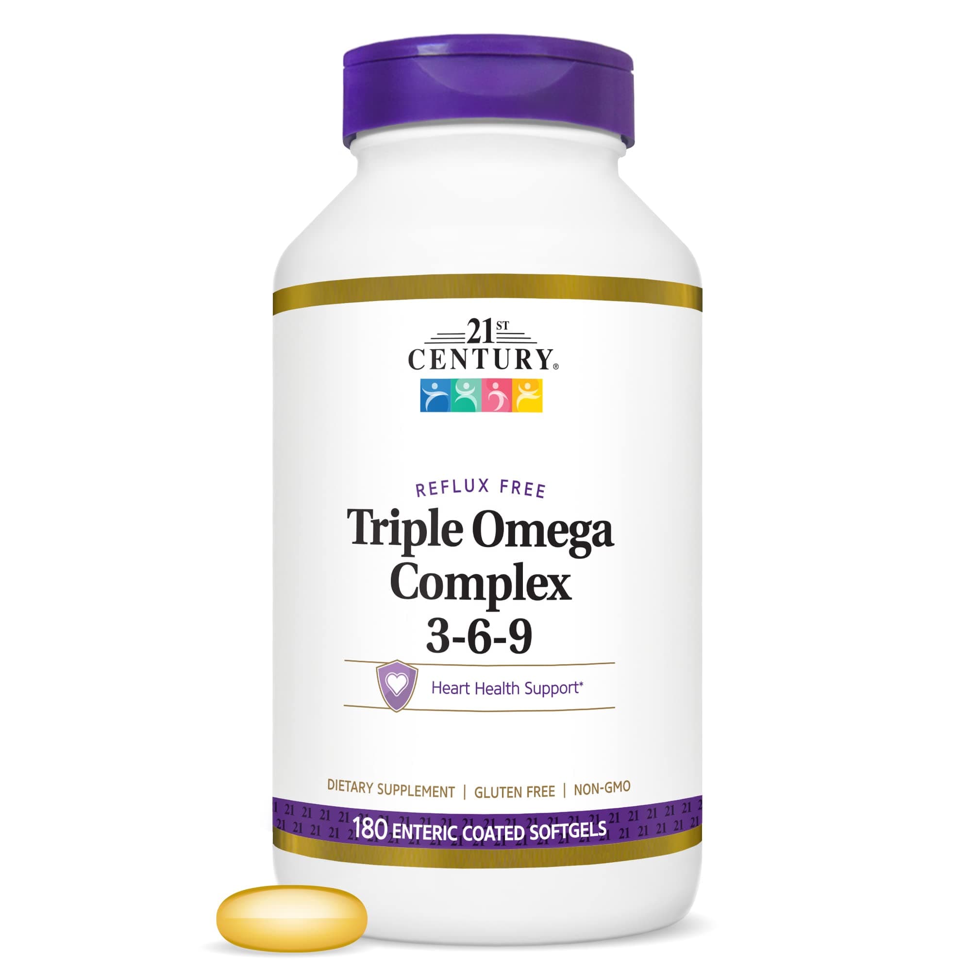 Triple Omega 3-6-9 Complex Softgels (180 Count), Fish, Flax & Borage Oils, EPA DHA Omega 3 Supplement for Heart Health Support, Enteric-Coated to Reduce Reflux, Non-GMO, Gluten-Free