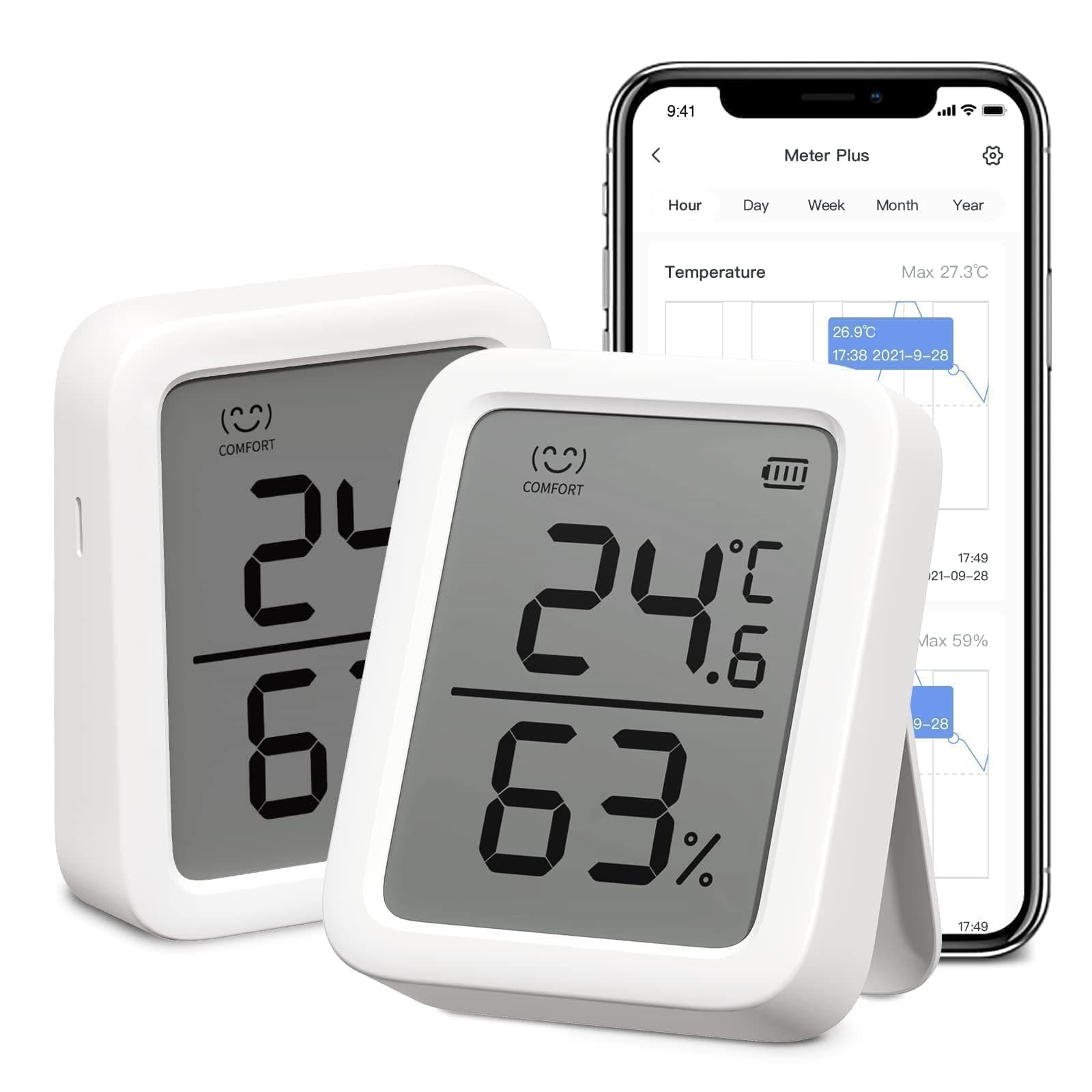 Thermometer Hygrometer, Bluetooth Indoor Humidity Meter and Temperature Sensor with App Control, Large LCD Display, Notification Alerts, Data Storage Export, Remote Monitor for Home (2 Pack)