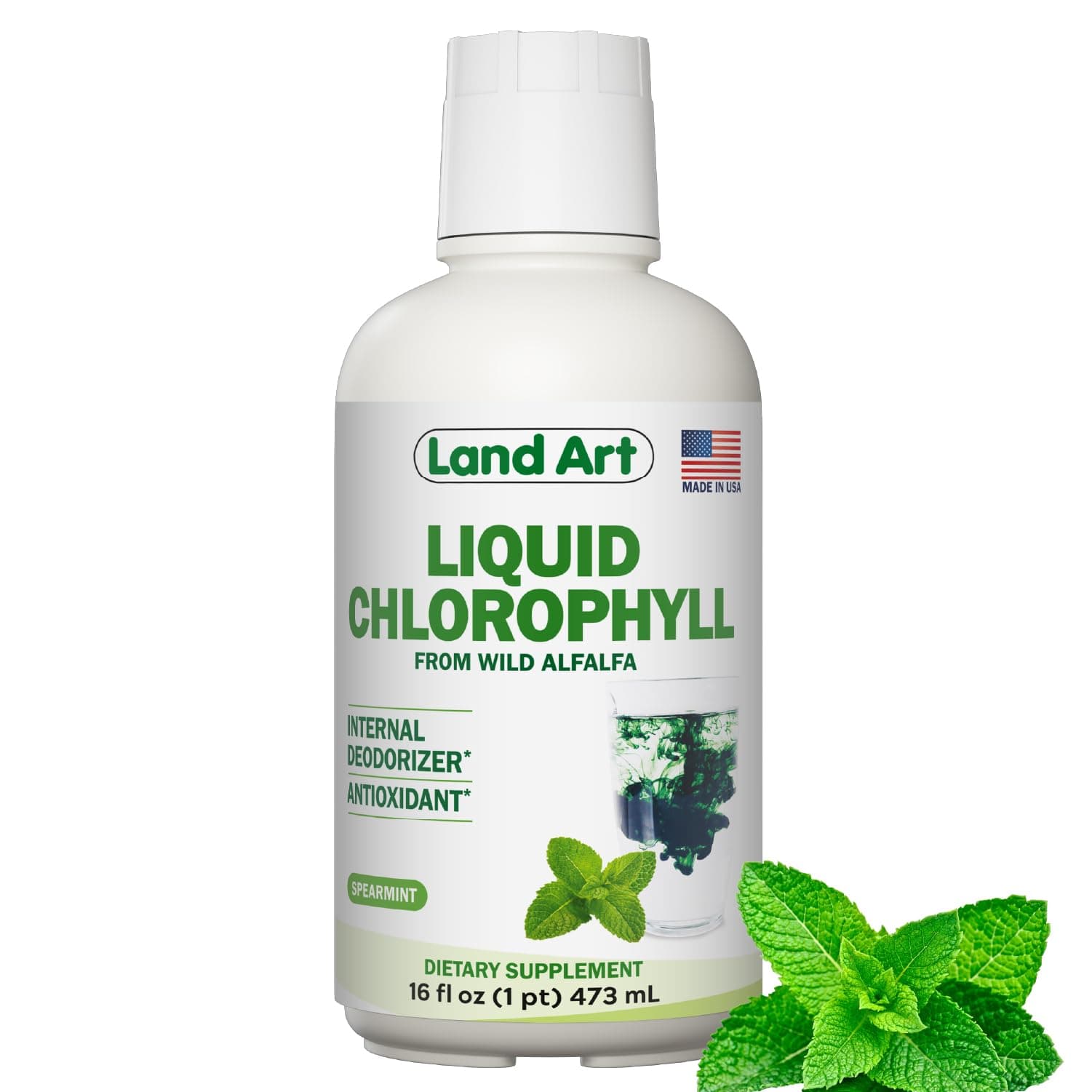 Land Art - Liquid Chlorophyll Mint – Cold-Extracted from Wild Non-GMO Alfalfa – Natural Clorofila Liquida – Antioxidant - Detox Supplement – Boost Energy – Alkalizing & Body Odor Neutralizer – 16 floz