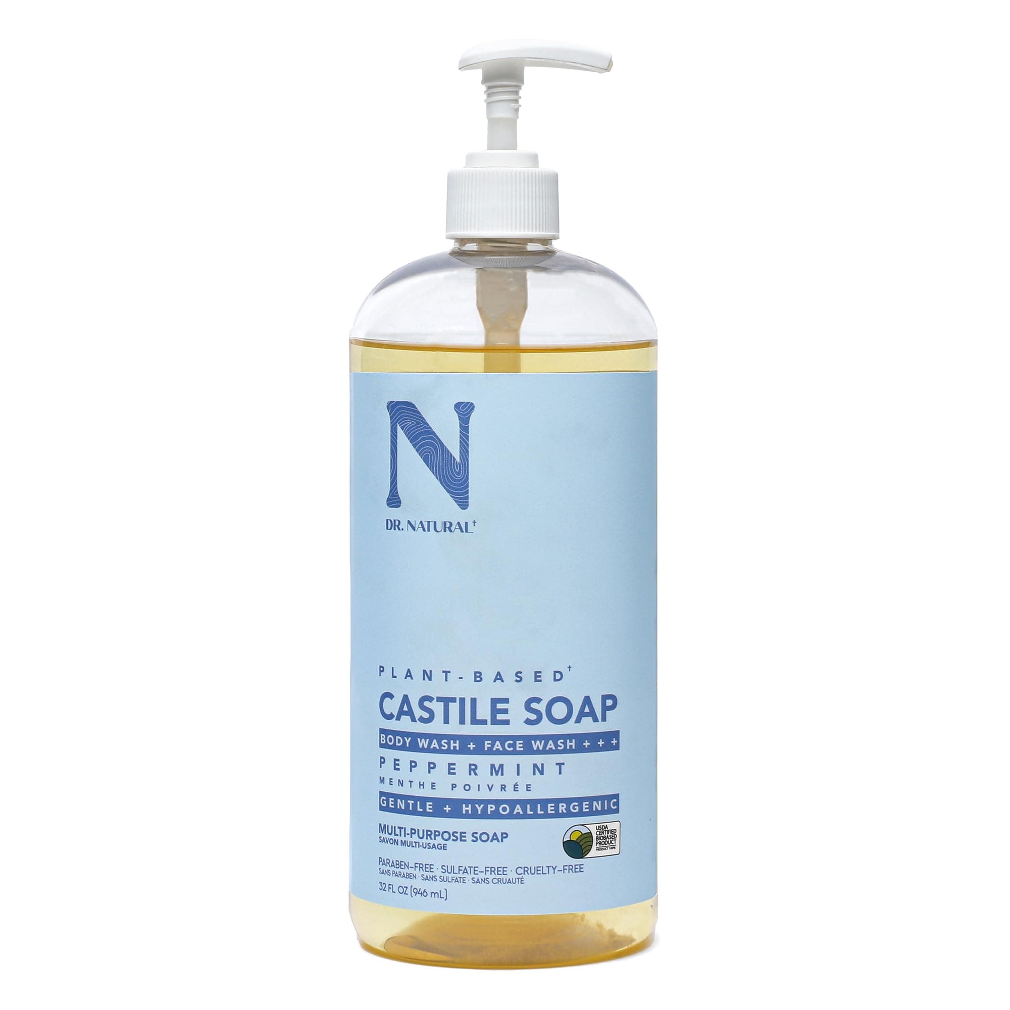 Castile Liquid Soap, Peppermint, 32 oz - Plant-Based - Made with Organic Shea Butter - Rich in Coconut and Olive Oils - Sulfate and Paraben-Free, Cruelty-Free - Multi-Purpose Soap