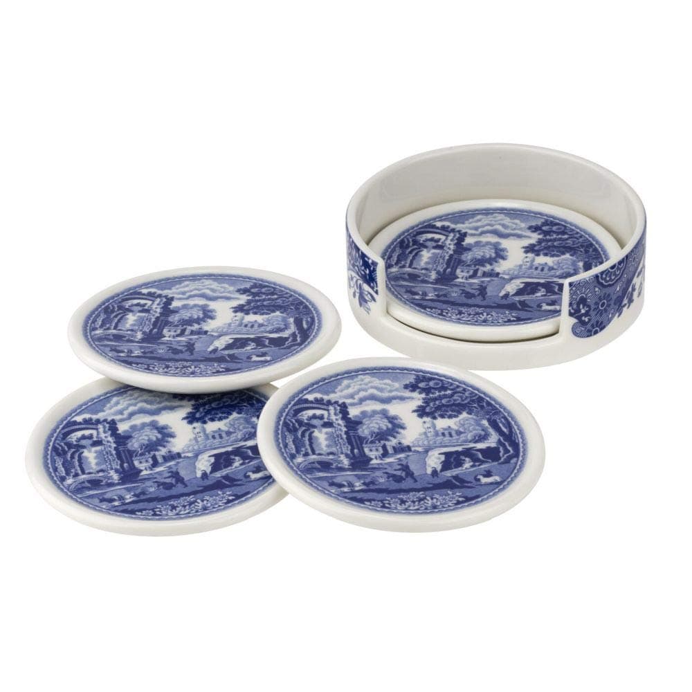 Spode Blue Italian Coasters for Drinks | Set of 4 | Ceramic Coasters and Holder | Tabletop Protection | Housewarming or Birthday Gift | Round (Blue/White)