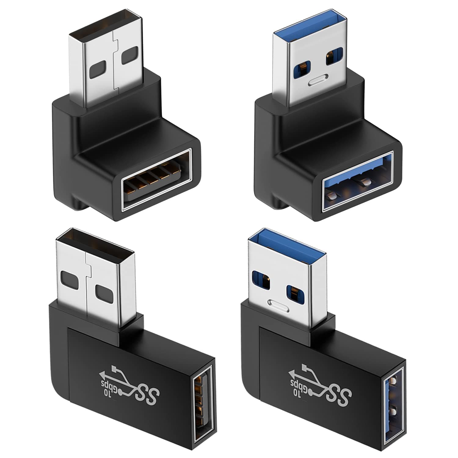 Jadebones 90 Degree USB 3.0 Adapter (4 Pack), Vertical Up and Down Angle, Horizontal Left and Right Angle USB Male to Female Extender Connector