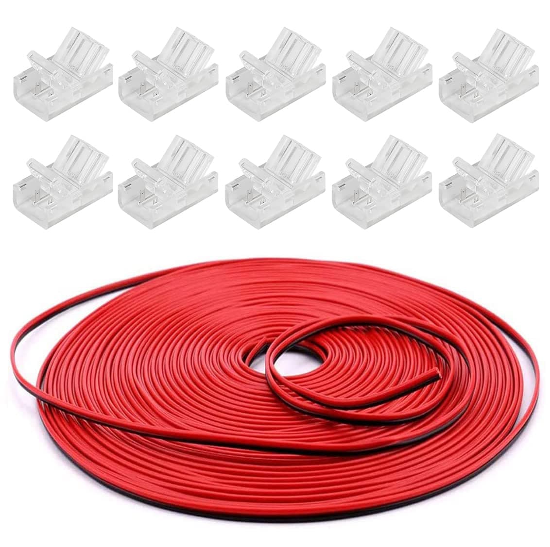 BZONE 2 Pin LED Strip Connectors 10 Pack with 16.4FT Extension Cable for 10 mm Wide Waterproof and Non-Waterproof Single-Color LED Strip Lights, Strip to Wire Quick Connection