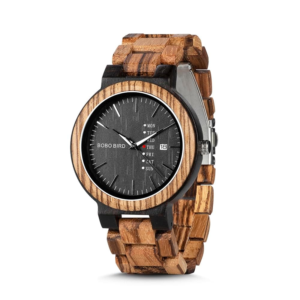 BOBO BIRD Week and Date Multi-Functional Display Men's Zebra Wooden Quartz Watch Lightweight Handmade Casual Wristwatches with Gift Box