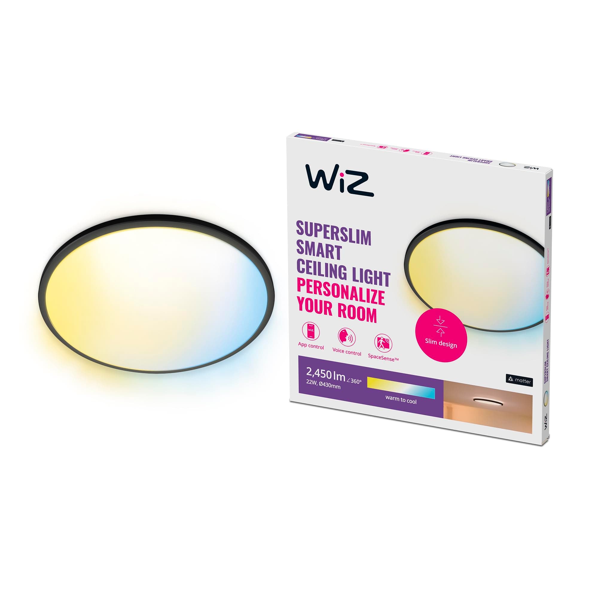 WiZTunable White Superslim Smart Connected WiFi Ceiling Mounted Light [Black - 22W] Cool to Warm White Light, App Control for Home Indoor Lighting, Livingroom, Bedroom.