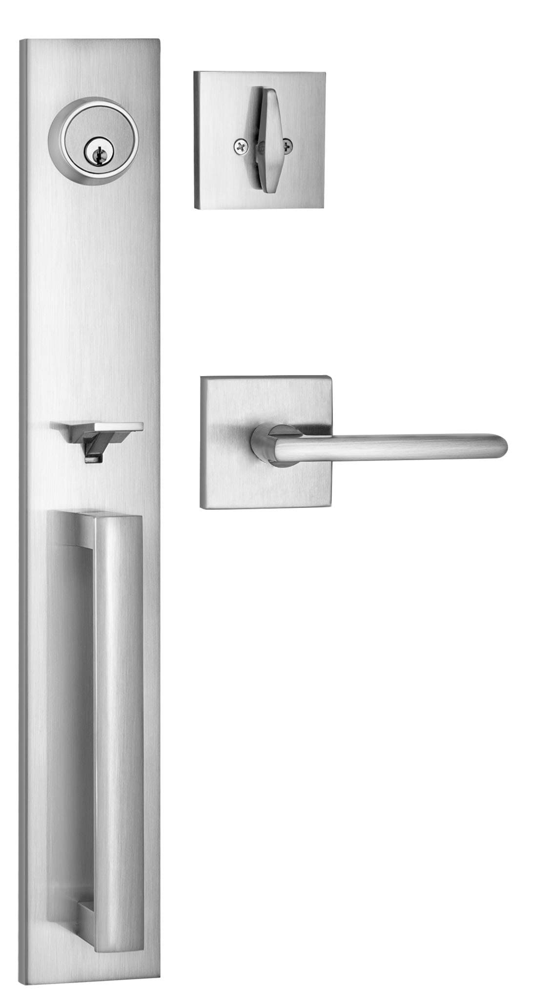 Berlin Modisch Full Escutcheon HandleSet Front Door Entry Handle and Deadbolt Lock Set Slim Square Single Cylinder Deadbolt and Lever Heavy Duty – Satin Nickel Finish