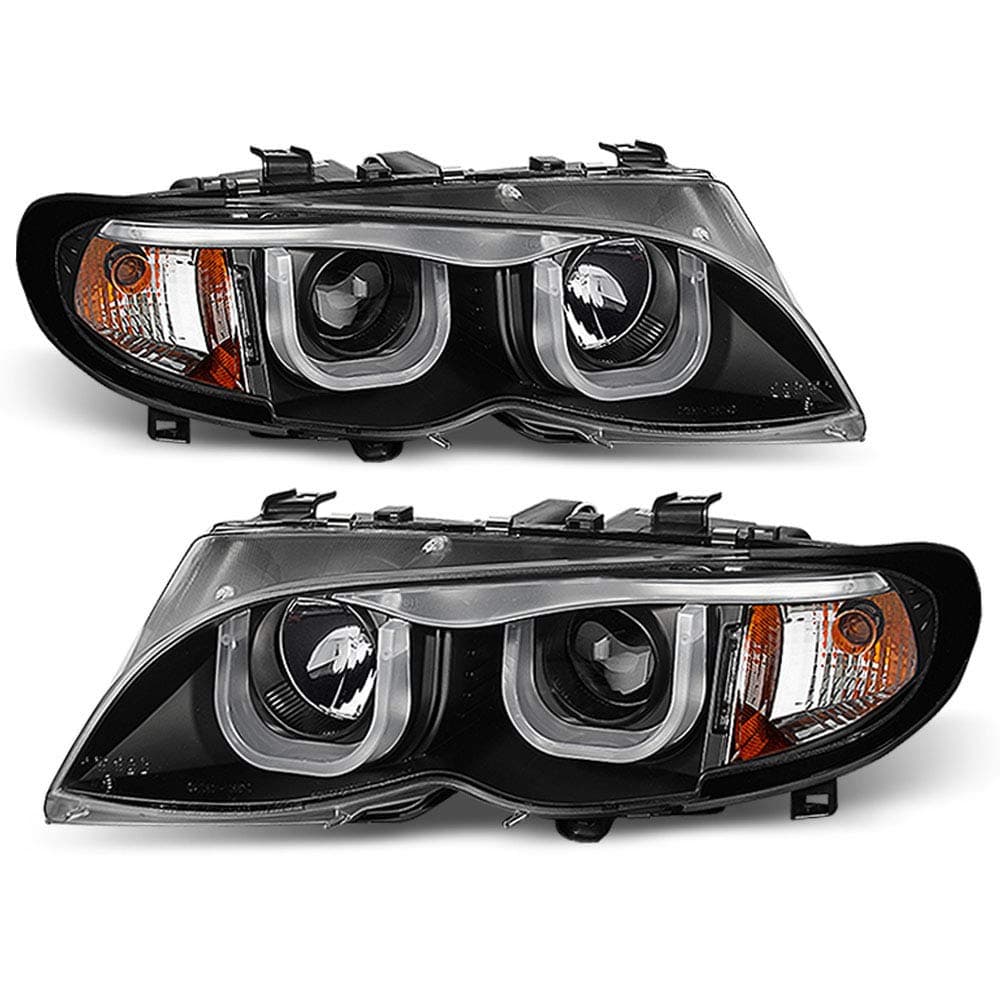 ACANII - For [Halogen Model] 2002-2005 BMW E46 Sedan 3-Series LED Tube Black Projector Headlights Headlamps Assembly