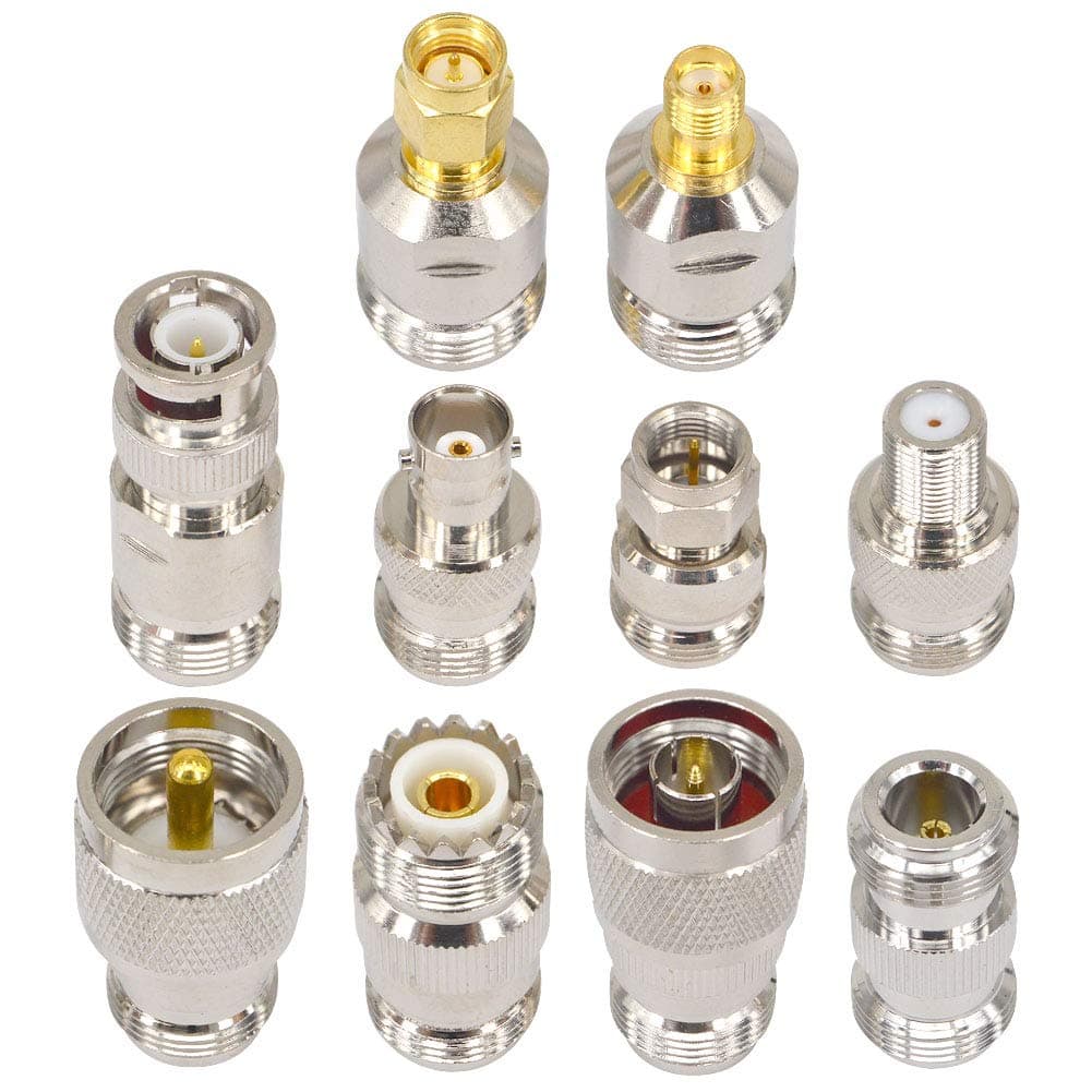 10-Piece N-Type Adapter Kit,50 Ohm RF Adapter Kit, N-Female to F/BNC/SMA/UHF/N Male & Female Coax Set for Ham Radio, Uniden Scanner, SWR Meter, Cell Booster Testing - Technician Travel Kit