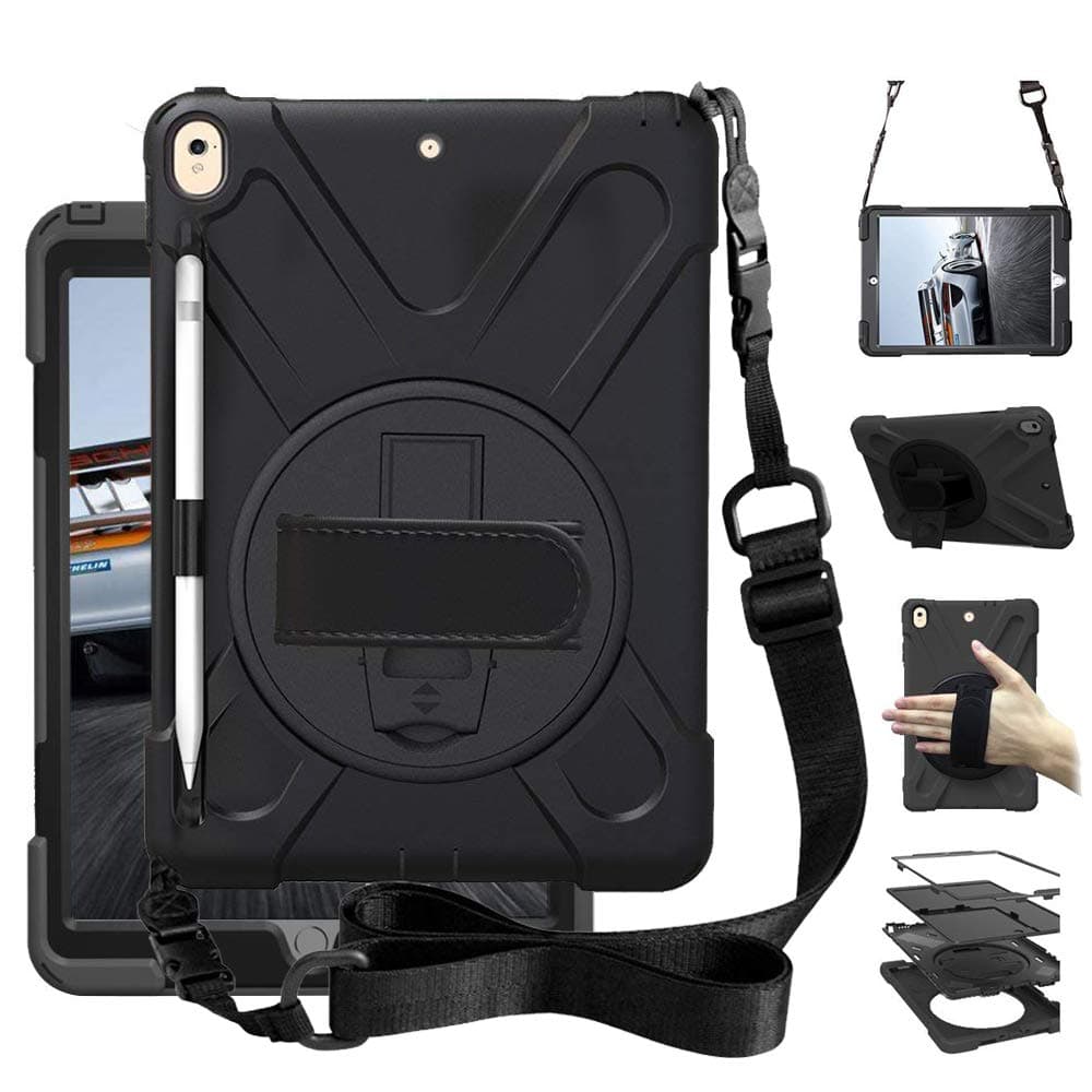 iPad Air 3 10.5" 2019 Case, iPad Pro 10.5 Case 2017, Heavy Duty Carrying Rugged Protective Case with 360 Degree Rotating Stand, Handle Hand Grip Shoulder Strap for Apple Tablet Cover Skin Kids Black