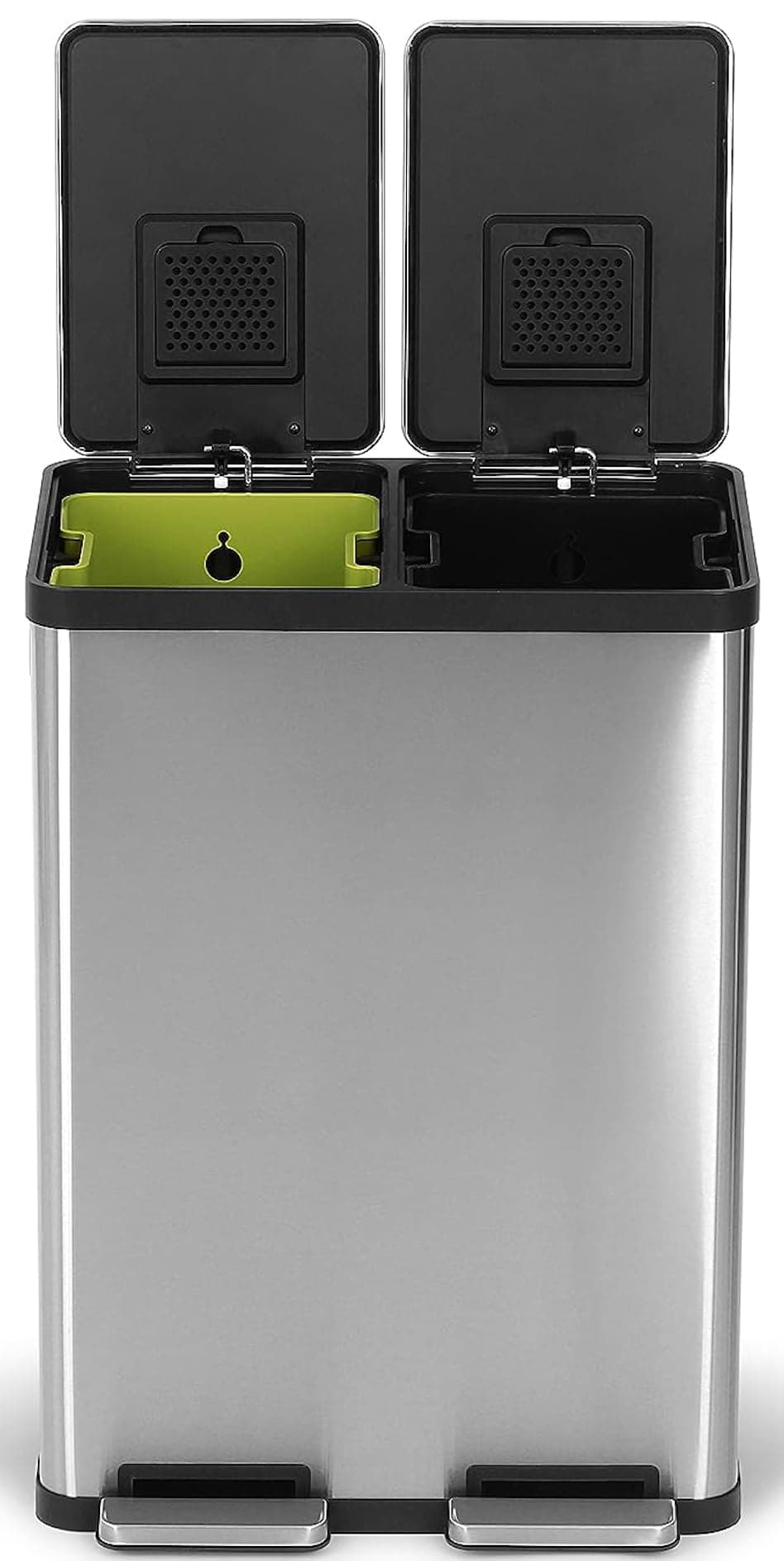 Simpli-Magic 60 Liter / 16 Gallon Rectangular Hands-Free Dual Compartment Recycling Kitchen Step Trash Can with Soft-Close Lid, Brushed Stainless Steel (30L x 30L Capacity)