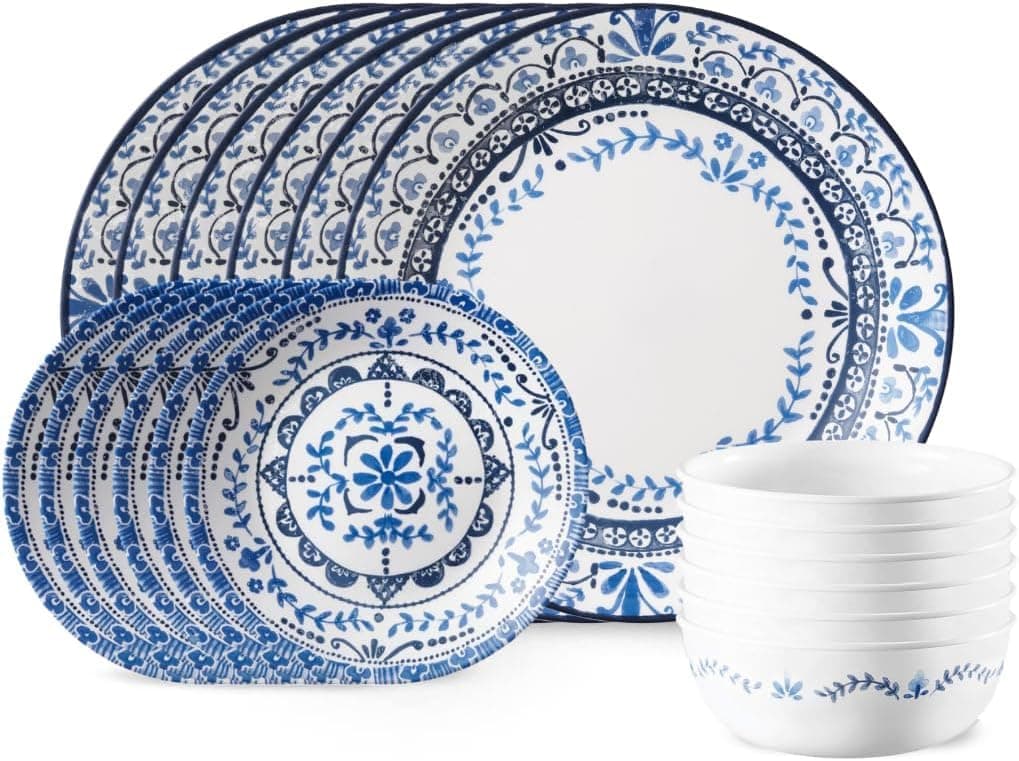 Vitrelle 18-Piece Service for 6 Dinnerware Set, Triple Layer Glass and Chip Resistant, Lightweight Round Plates and Bowls Set, Portofino