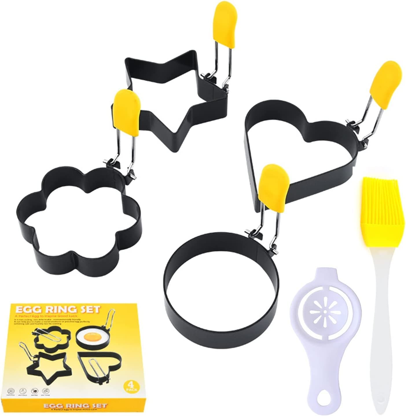 Stainless Steel Egg Ring, 4 Pcs Egg Ring with Silicone Brush Egg Separator, Breakfast Household Egg Mold Tool Cooking Tool Omelette