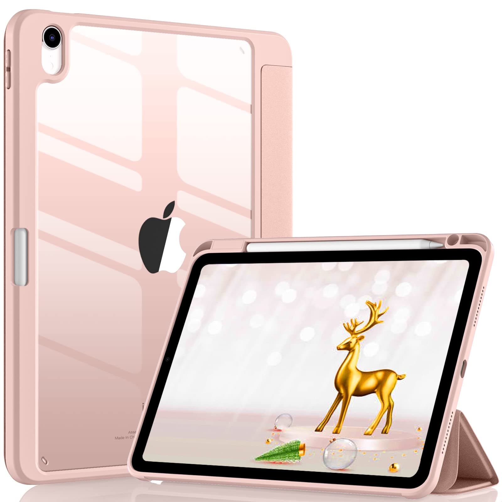 Wenlaty Case Compatible with iPad Air 4th Generation 10.9 Inch 2020 / iPad Air 5th Generation 2022 with Pencil Holder, [Auto Sleep/Wake] Slim Smart Cover with Clear Transparent Back Shell, Rose Pink