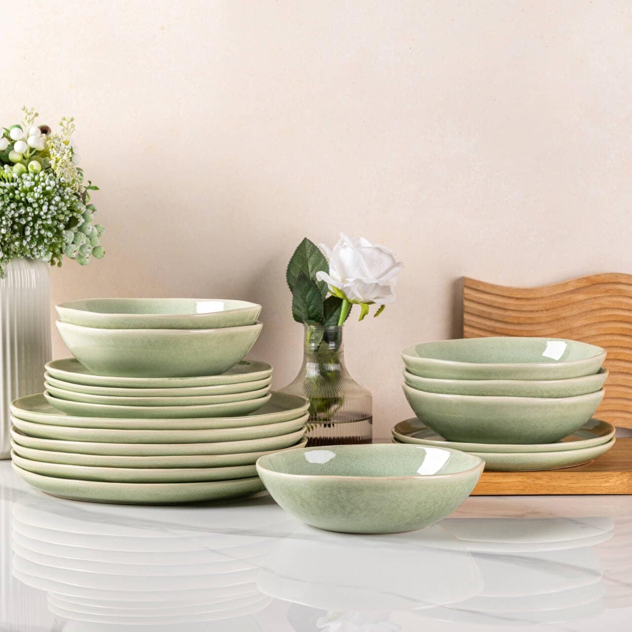 AmorArc Ceramic Dinnerware Sets,Handmade Reactive Glaze Plates and Bowls Set,Highly Chip and Crack Resistant | Dishwasher & Microwave Safe,Service for 6 (18pc)